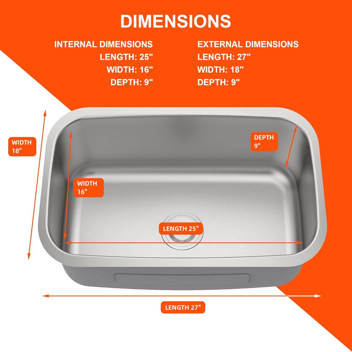 Blenzia 27 Inch Curved Undermount Kitchen Sink 304 Stainless Steel 18 Gauge Single Bowl Sinks