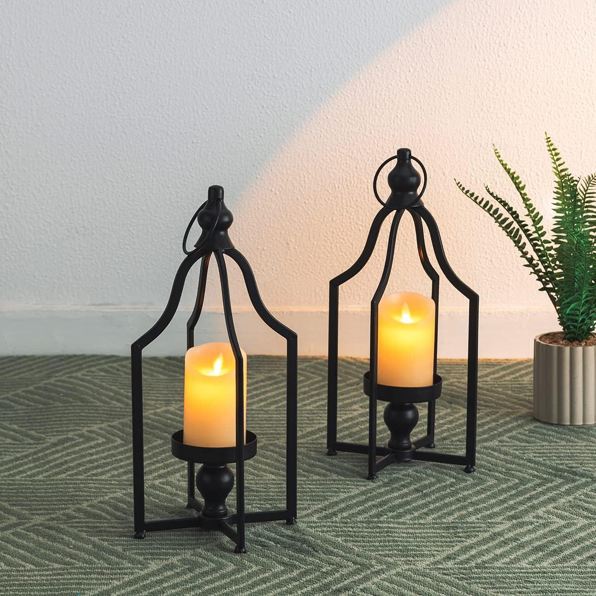 Glitzhome Modern Farmhouse Metal Lanterns Decorative Hanging Candle Lanterns Distressed Black Set of 2 (Small)