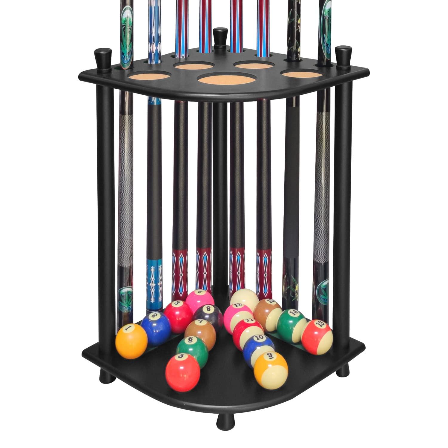 Wood Pool Cue Rack Solid Pool Stick Holder,Black Floor Stand Holds 8 Pool Billiard Stick Billiard Cue Racks,Pool Table Accessories for Game Room,Club