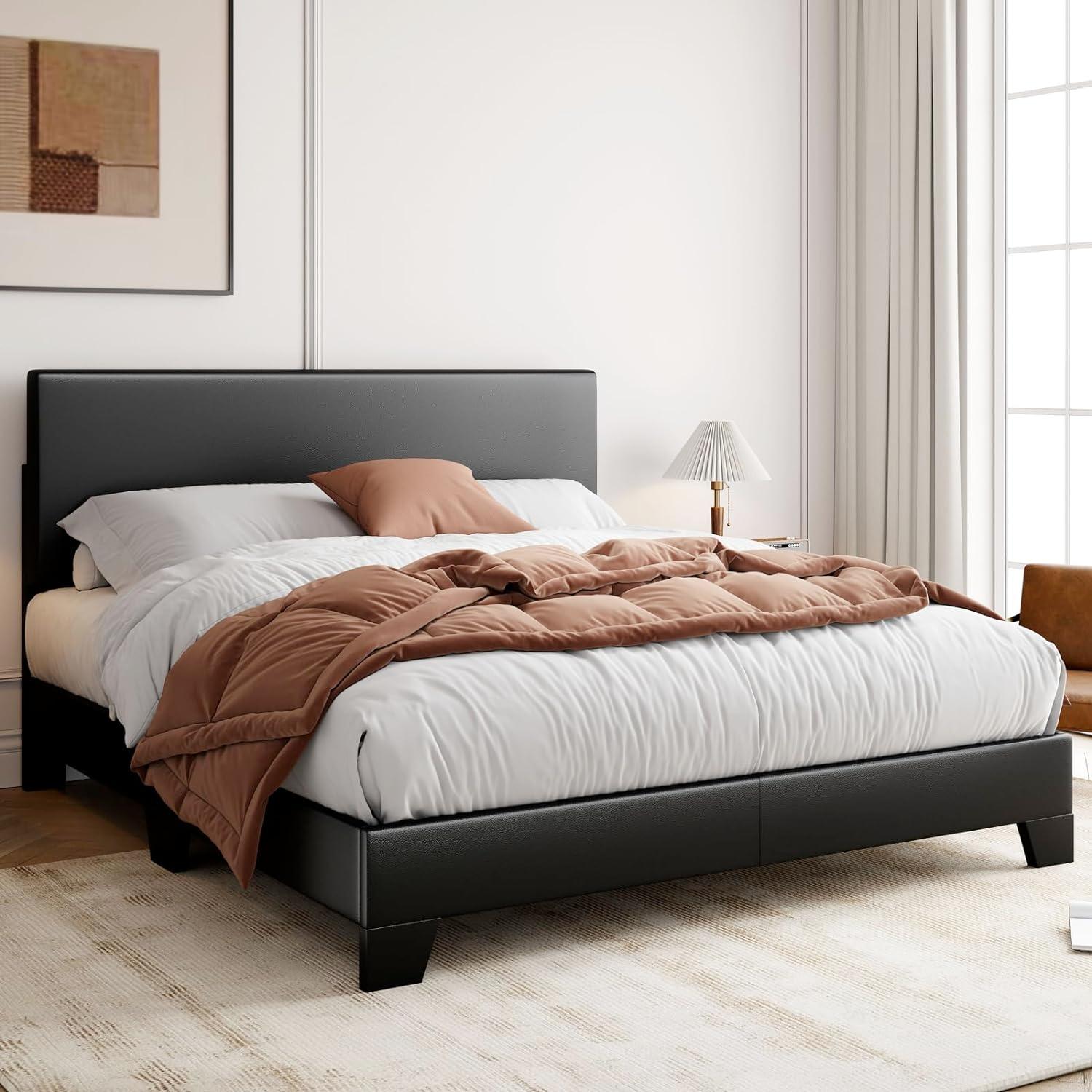 Killeryuki Full Size Bed Frame with Adjustable Headboard, Faux Leather Platform Bed with Wood Slats, Heavy Duty Mattress Foundation, No Box Spring Needed, Noise-Killeryuki, Easy Assembly, Black