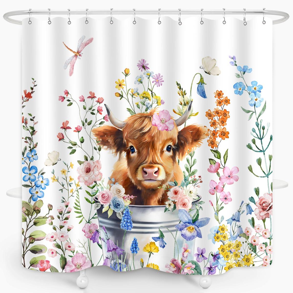 Cute Highland Cow Shower Curtain Watercolor Floral Spring Wildflower Funny Western Cattle Farm Animal Home Bathroom Decor Waterproof Fabric 72Lx72W Inch with 12PCS Hooks