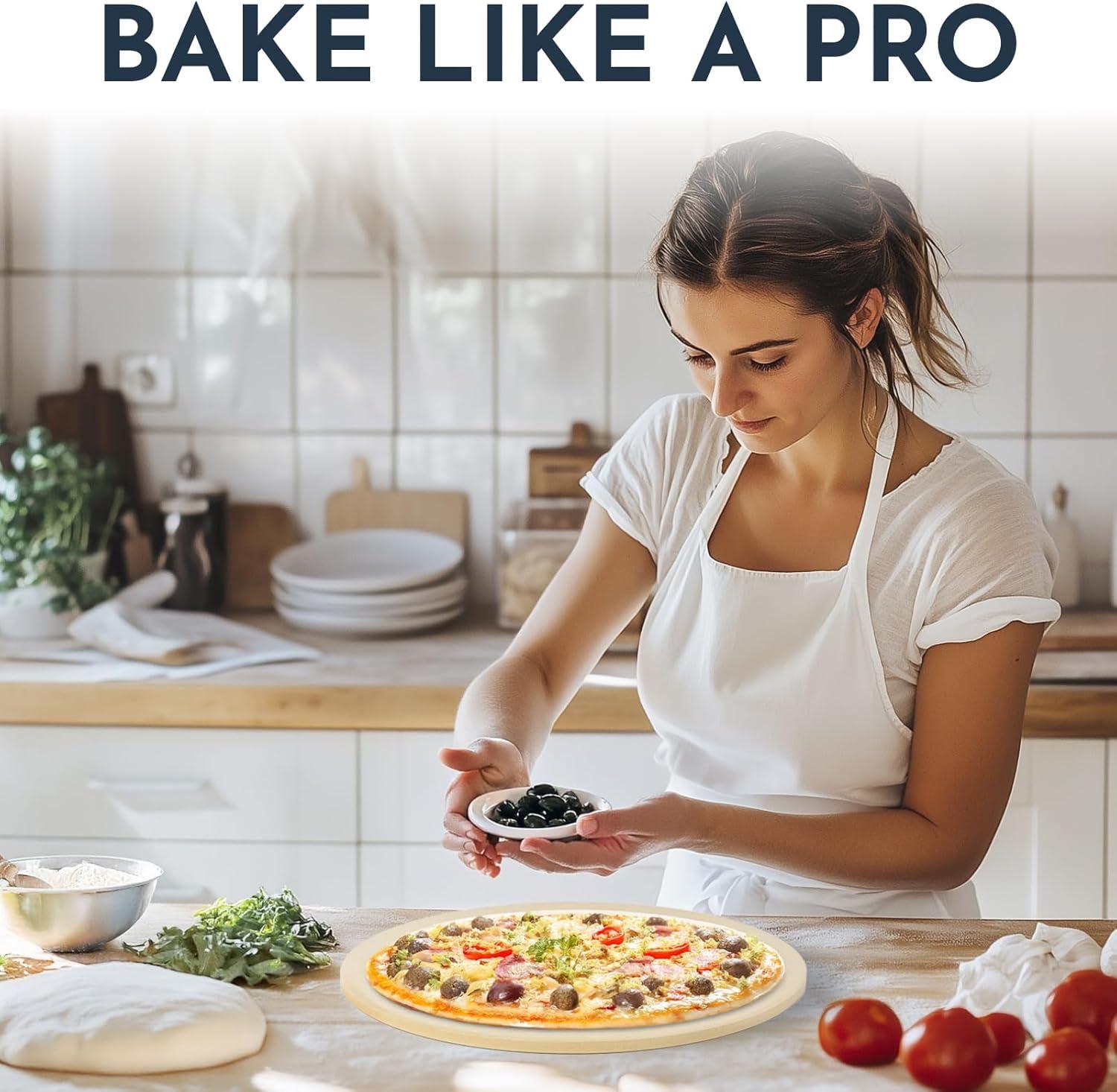 3PCS Round Pizza Stone for Oven Set 15" - Comes with Pizza Peel for Oven and Cutter - Cordierite Stones for Bread, Calzone, Cookies