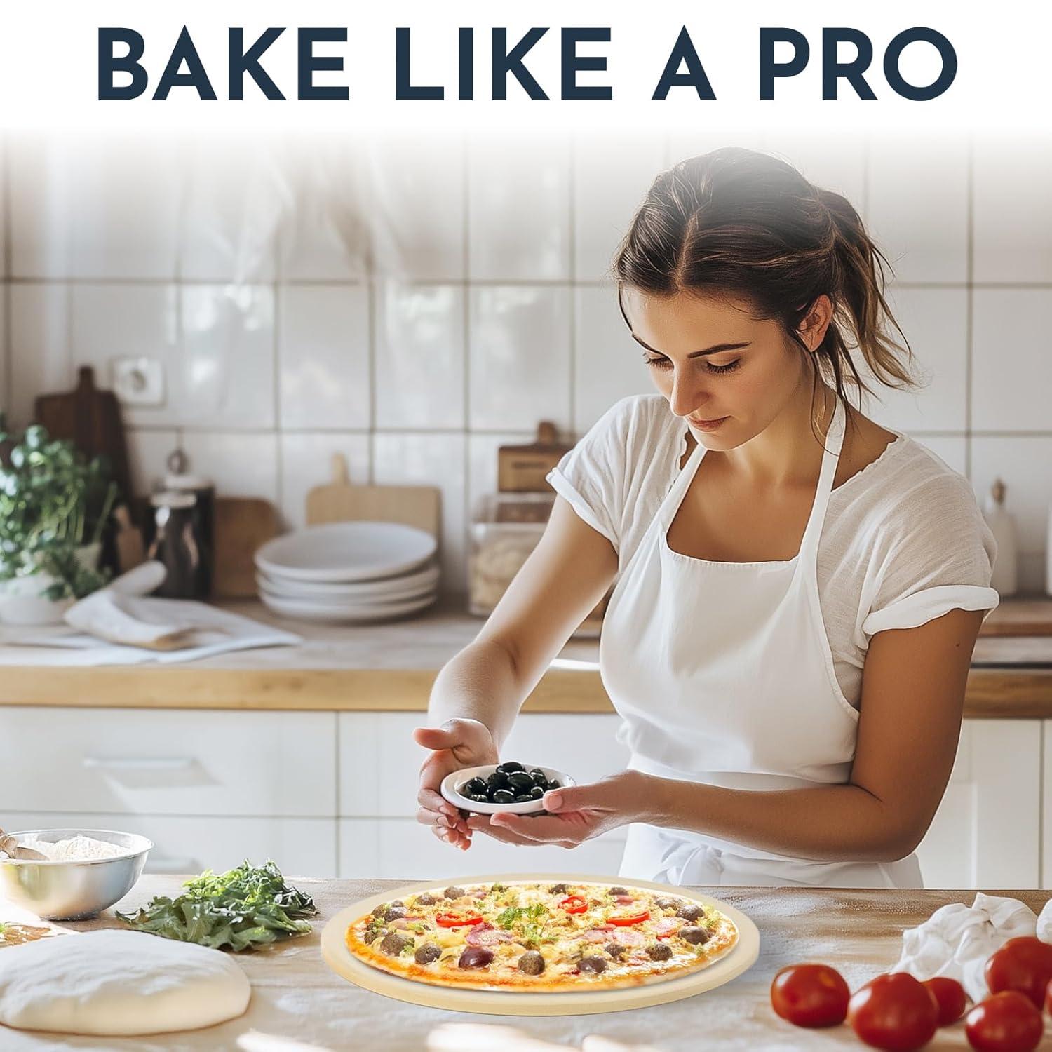 3PCS Round Pizza Stone for Oven Set 15" - Comes with Pizza Peel for Oven and Cutter - Cordierite Stones for Bread, Calzone, Cookies