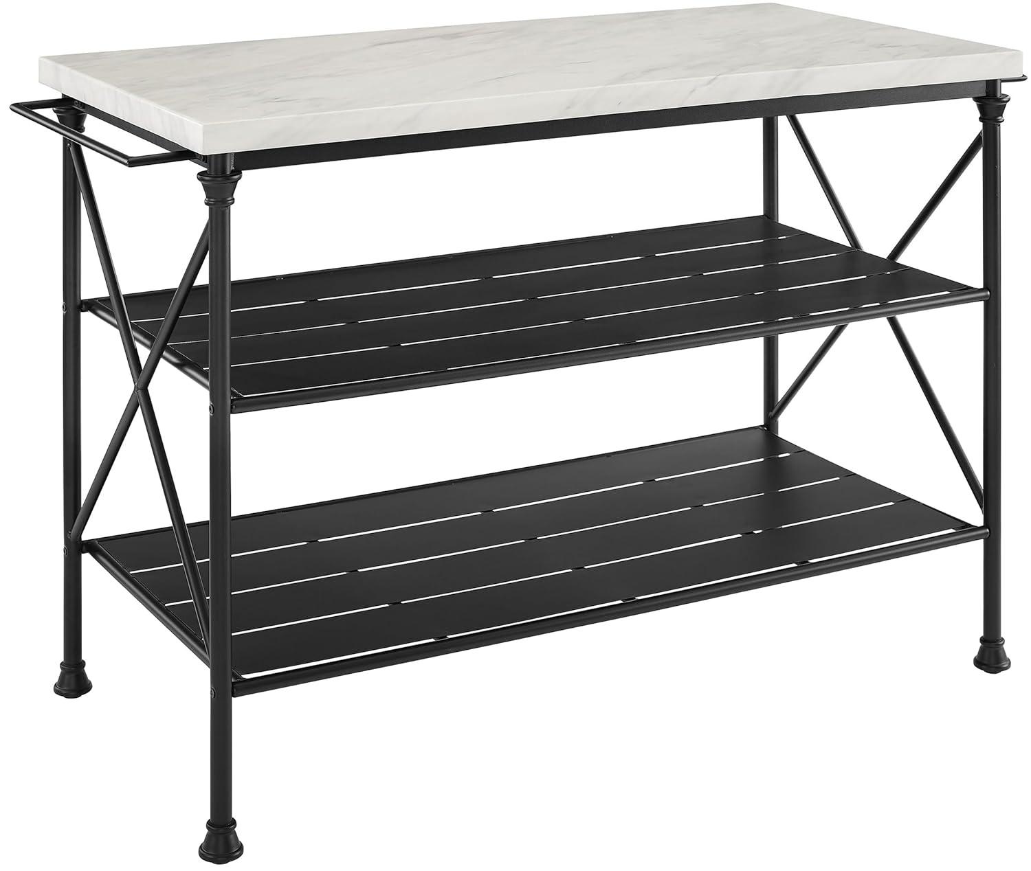 Crosley Madeleine Kitchen Island Matte Black: French Industrial Style, Steel Base, Open Storage Shelves, Towel Bars