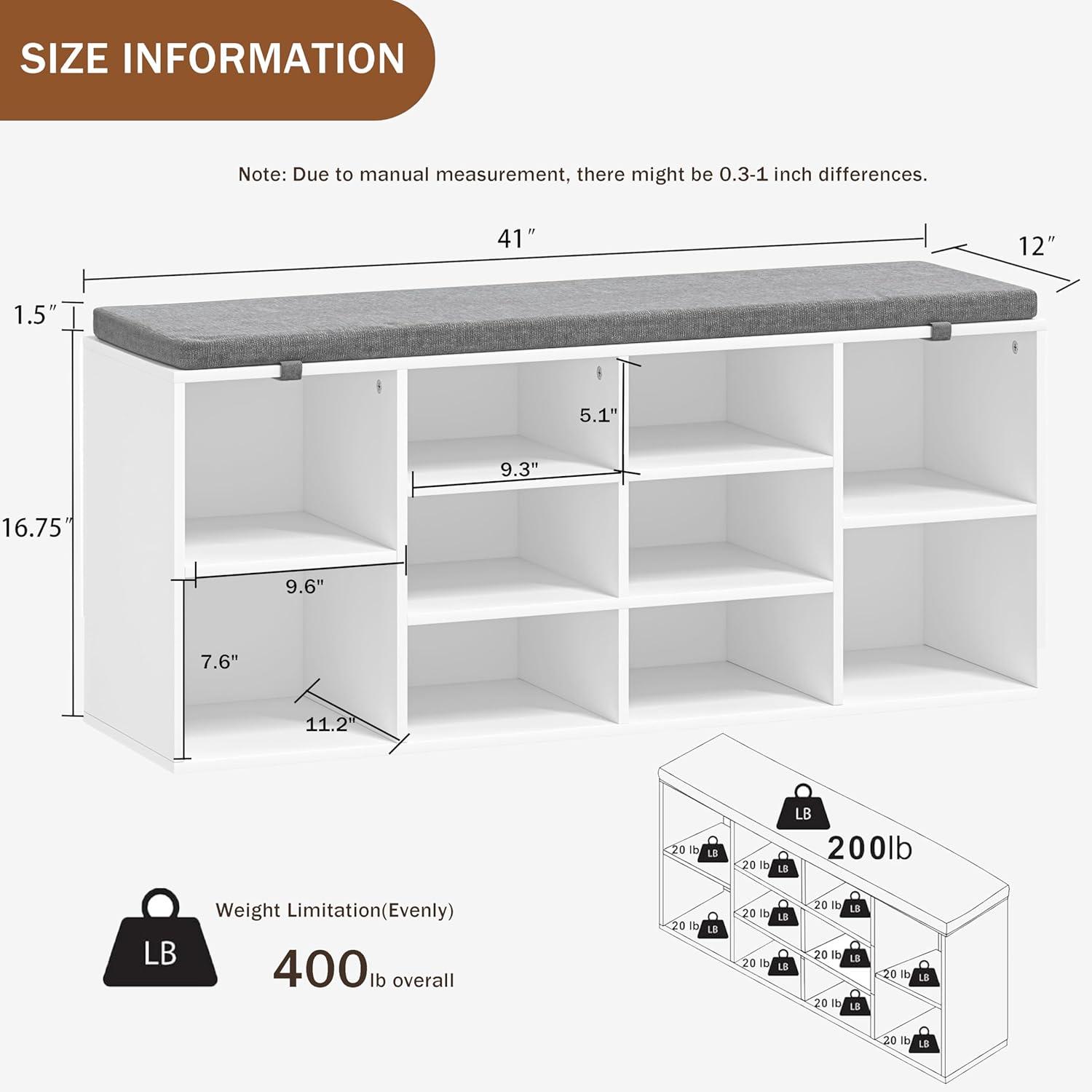 Yaheetech Shoe Storage Bench Shoes Organizer with 10 cubbies and Cushion Seat, White