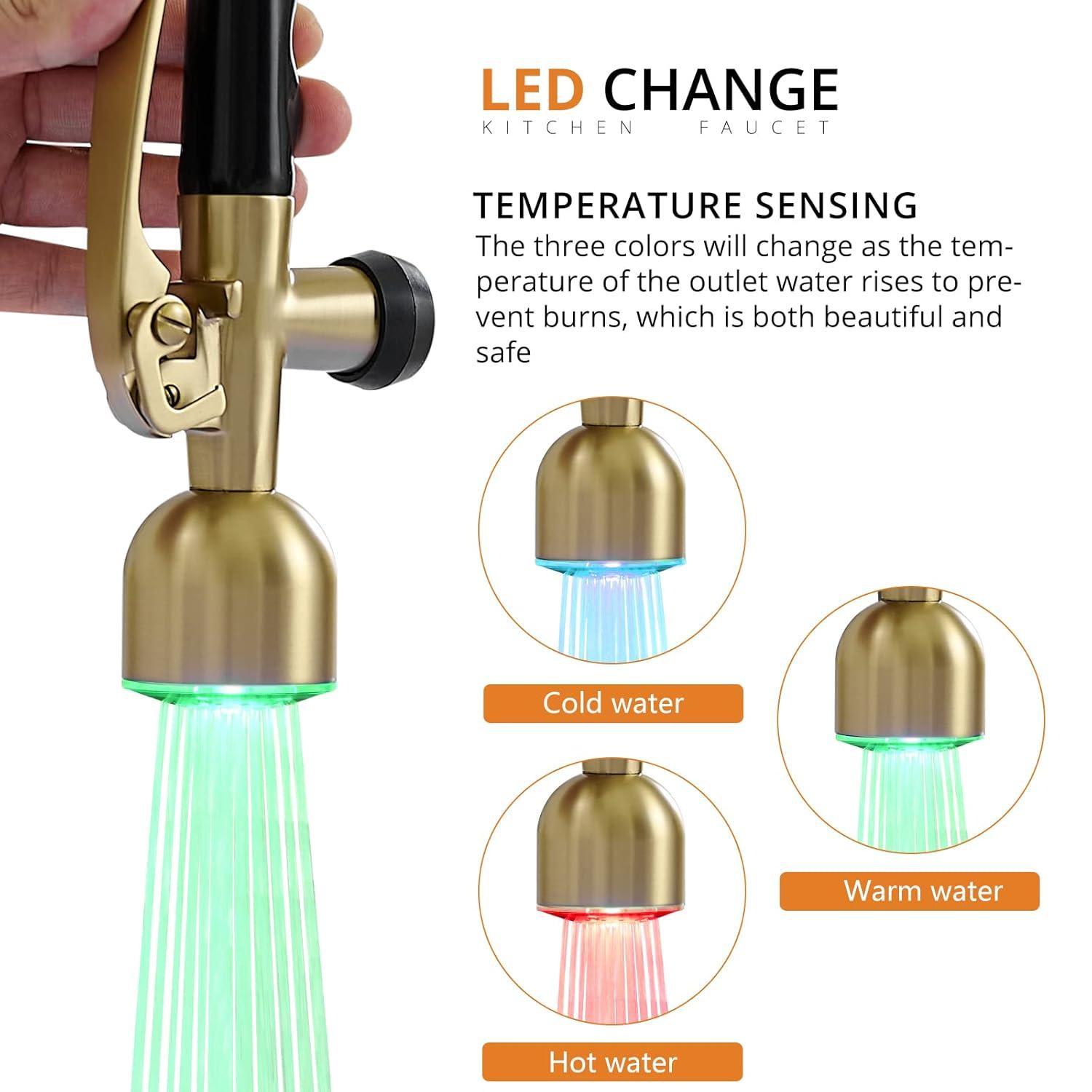 Fapully Single Handle High Arc Brushed Gold Pull Down Kitchen Faucet LED,Single Level Kitchen Sink Faucets with Pull Down Sprayer