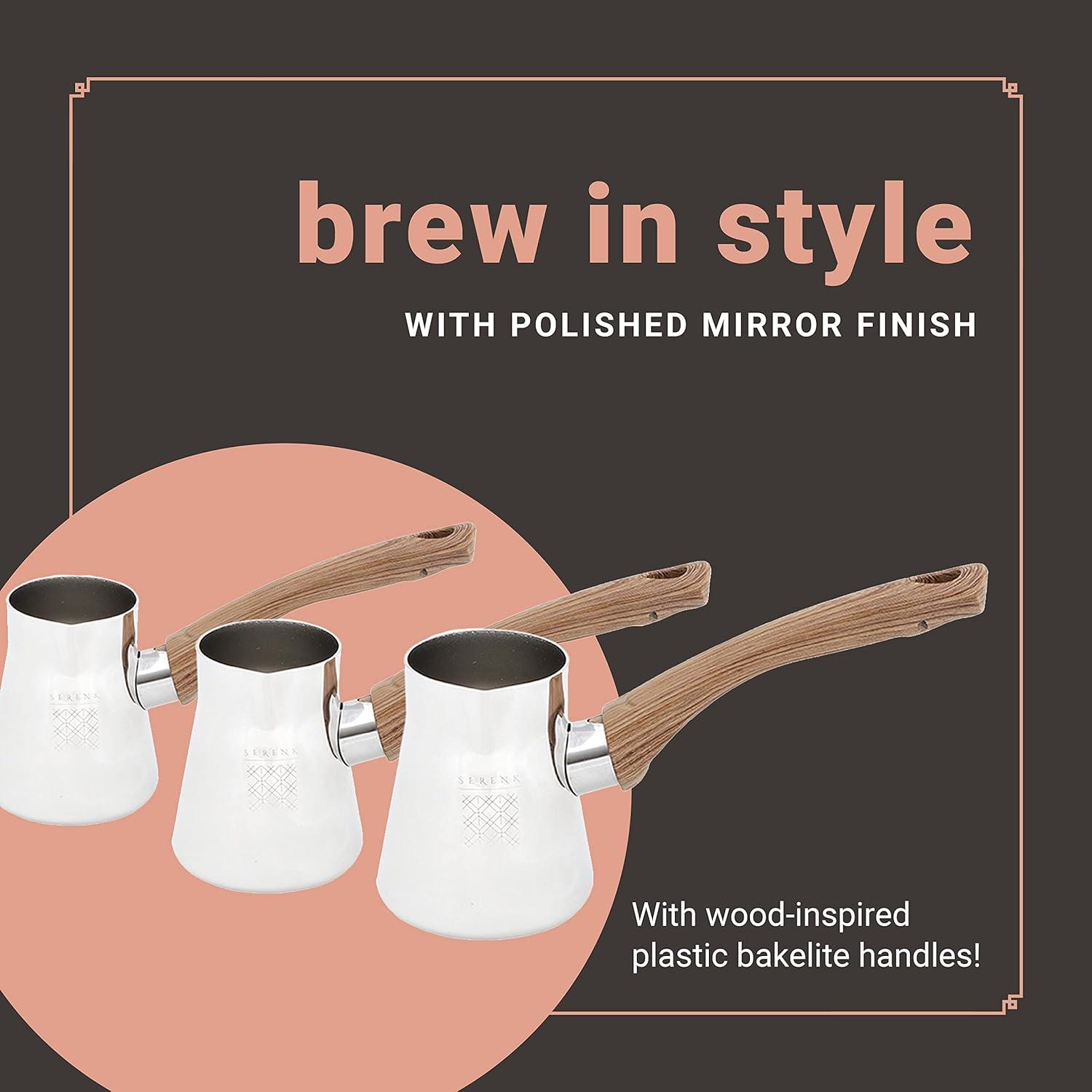 Serenk Turkish Coffee Pot Set, 4-Piece Stainless Steel w/Stand, 2-4 Cup Sizes, 18/10 Steel, Gas Stove Compatible