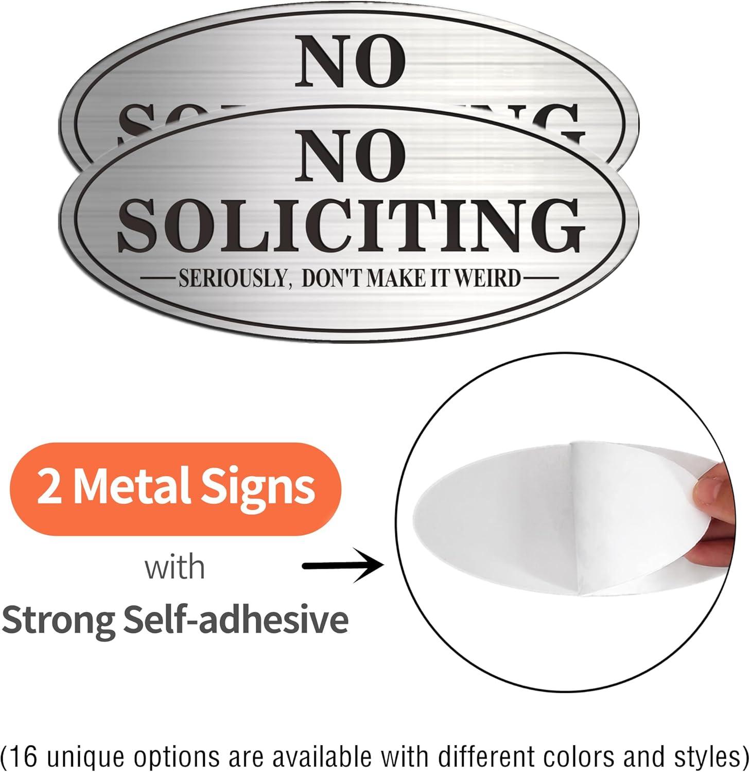 No Soliciting Sign, No Solicitors Sign for Front Door, 2 Pack Self-Adhesive Aluminum Metal No Solitation Do Not Knock or Ring Bell Sign, 7.0 x 3.0 inches Weather Resistant Signs for Home Doorbell Busi
