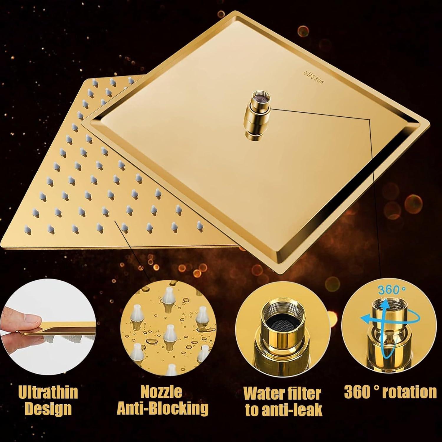 Shower Head, 10" High Pressure Rain shower head with Handheld Spray Combo, 6 Settings Handheld with 78" Anti-leak Hose, 11" Adjustable Extension Arm, Ultra Thin Water Saving, Gold, AWAXFOLO