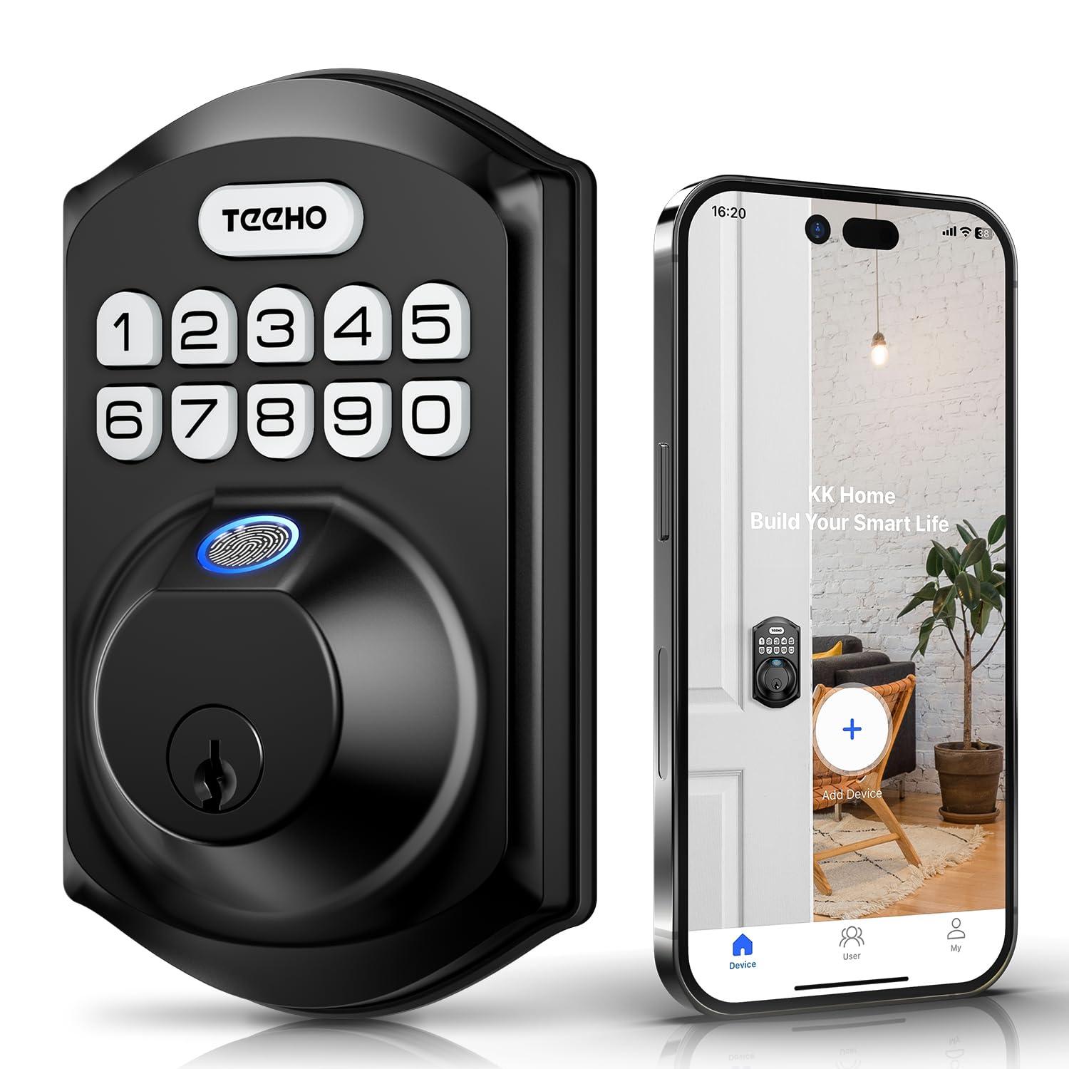 TEEHO Fingerpint smart lock, Keyless Entry Door Lock,  Digital Deadbolt Lock for Front Doors, Remotely Share PIN Code, Easy Installation-Matte  Black