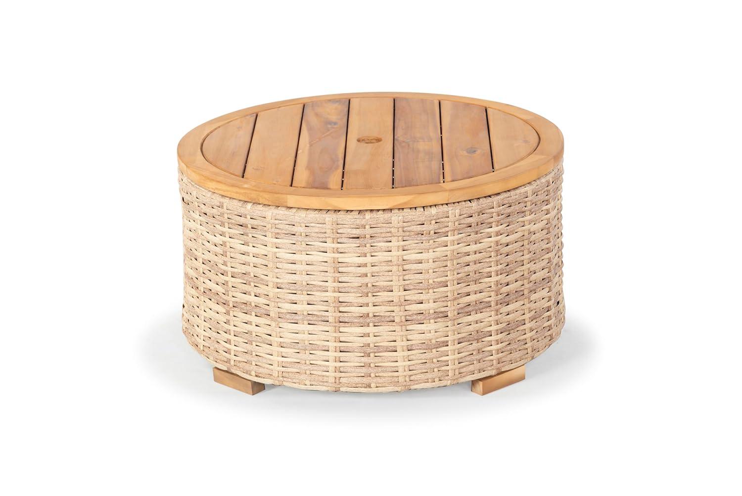 SAFAVIEH Couture Anguilla Outdoor Patio Round Wicker Coffee Table with Storage, Natural