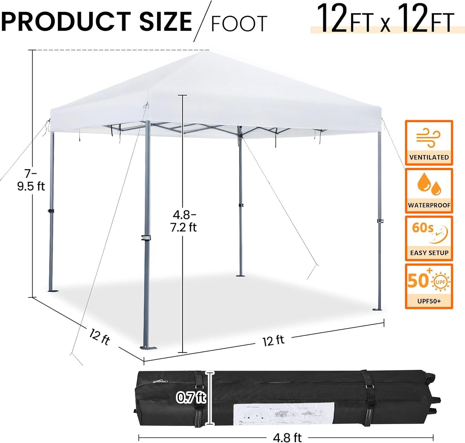 Renwick 12x12ft Outdoor Pop-up Canopy with One-Push-To-Lock Setup Mechanism, White