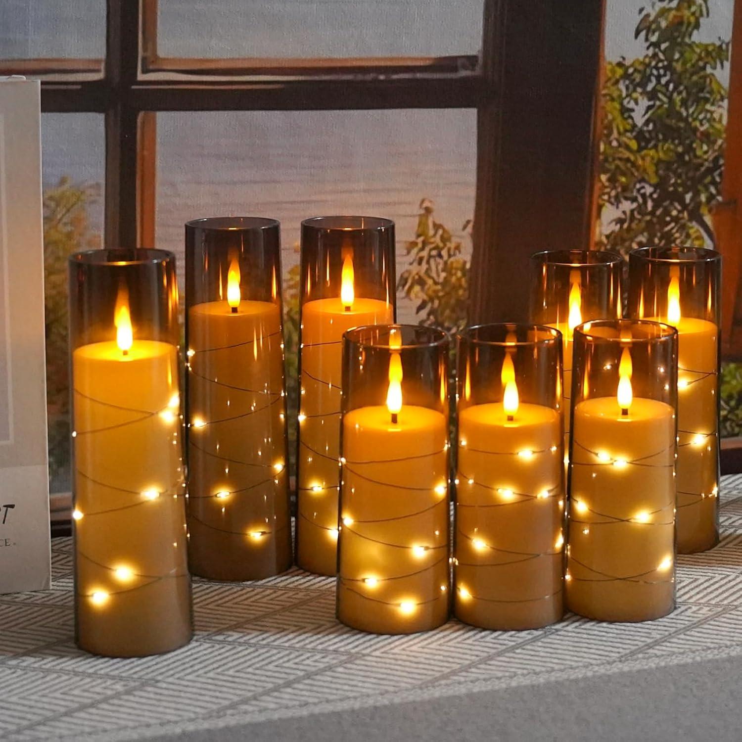 Raycare Flameless LED Candles with Embedded Star String, 9 Pcs Battery Operated Acrylic Pillar Candles with Timer and Remote, Flickering for Romantic Ambiance and Home Decoration (Grey)