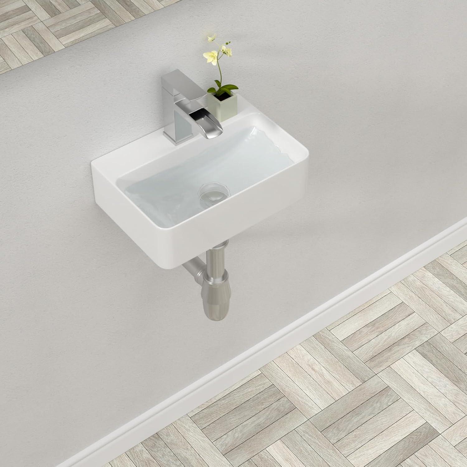 White Gloss Ceramic Rectangular Wall-Mount Bathroom Sink