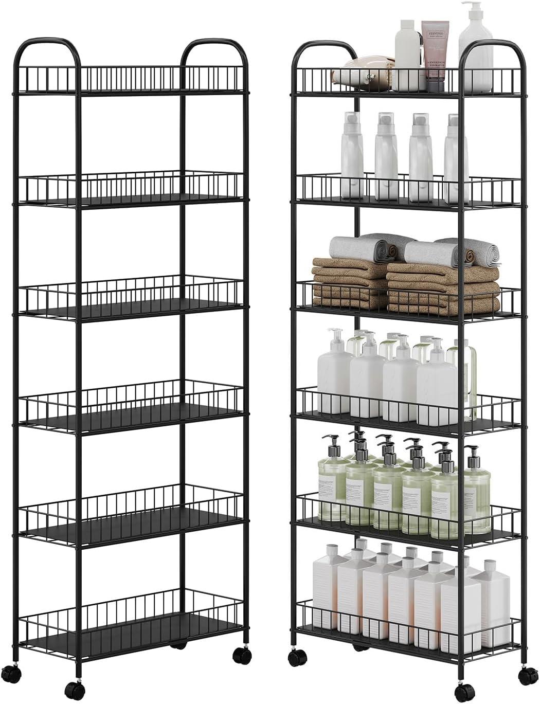 GVN Mobile Shelving Unit Organizer Utility Cart,6 Tier Storage Cart,Metal Kitchen Rolling Cart with Lockable Wheels & Baskets,6" Slim Storage Shelf