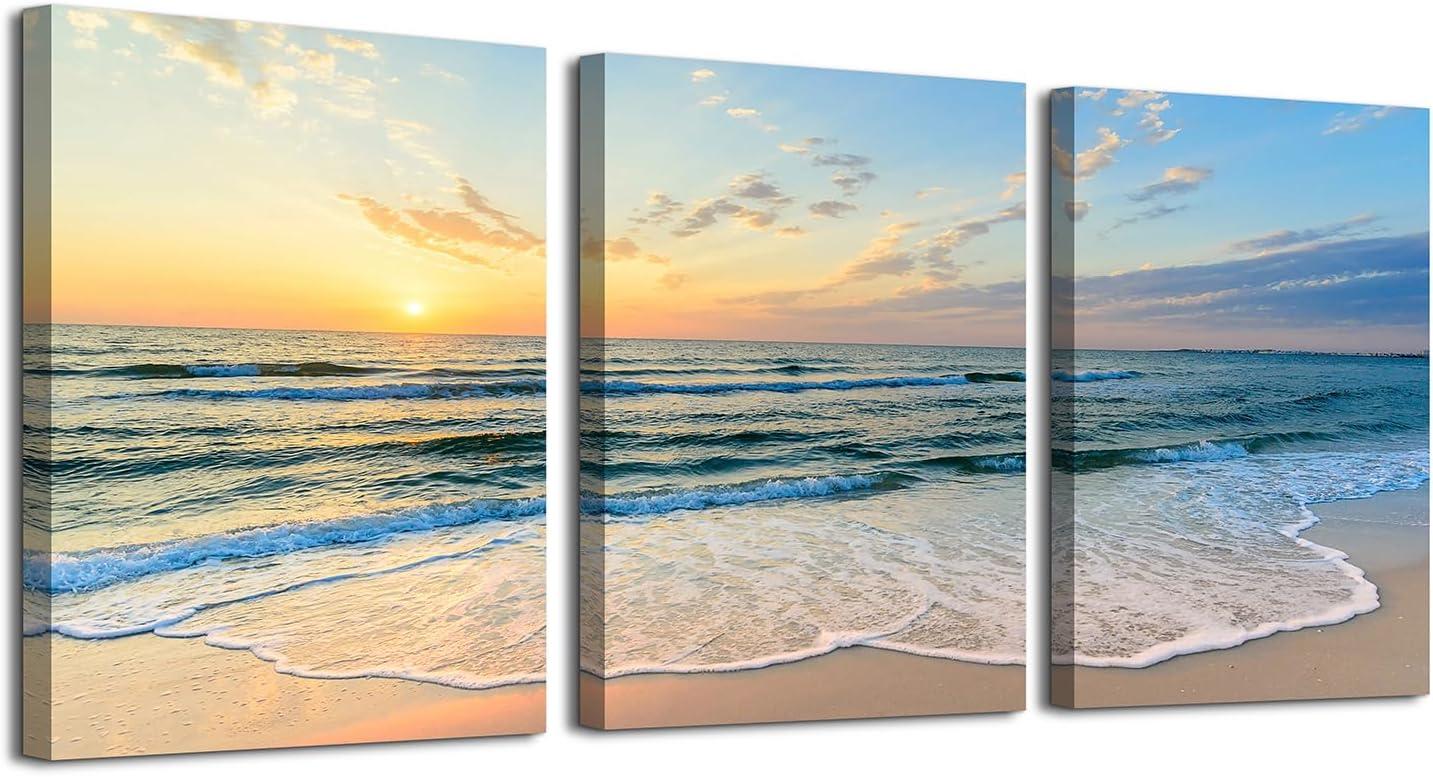 Asdg12s-3 Panel Wall Art Blue Sea Sunset White Beach Painting The Picture Print On Canvas Seascape The Pictures for Home Decor Decoration,Ready to Hang