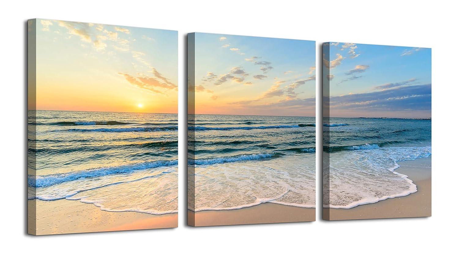 Asdg12s-3 Panel Wall Art Blue Sea Sunset White Beach Painting The Picture Print On Canvas Seascape The Pictures for Home Decor Decoration,Ready to Hang