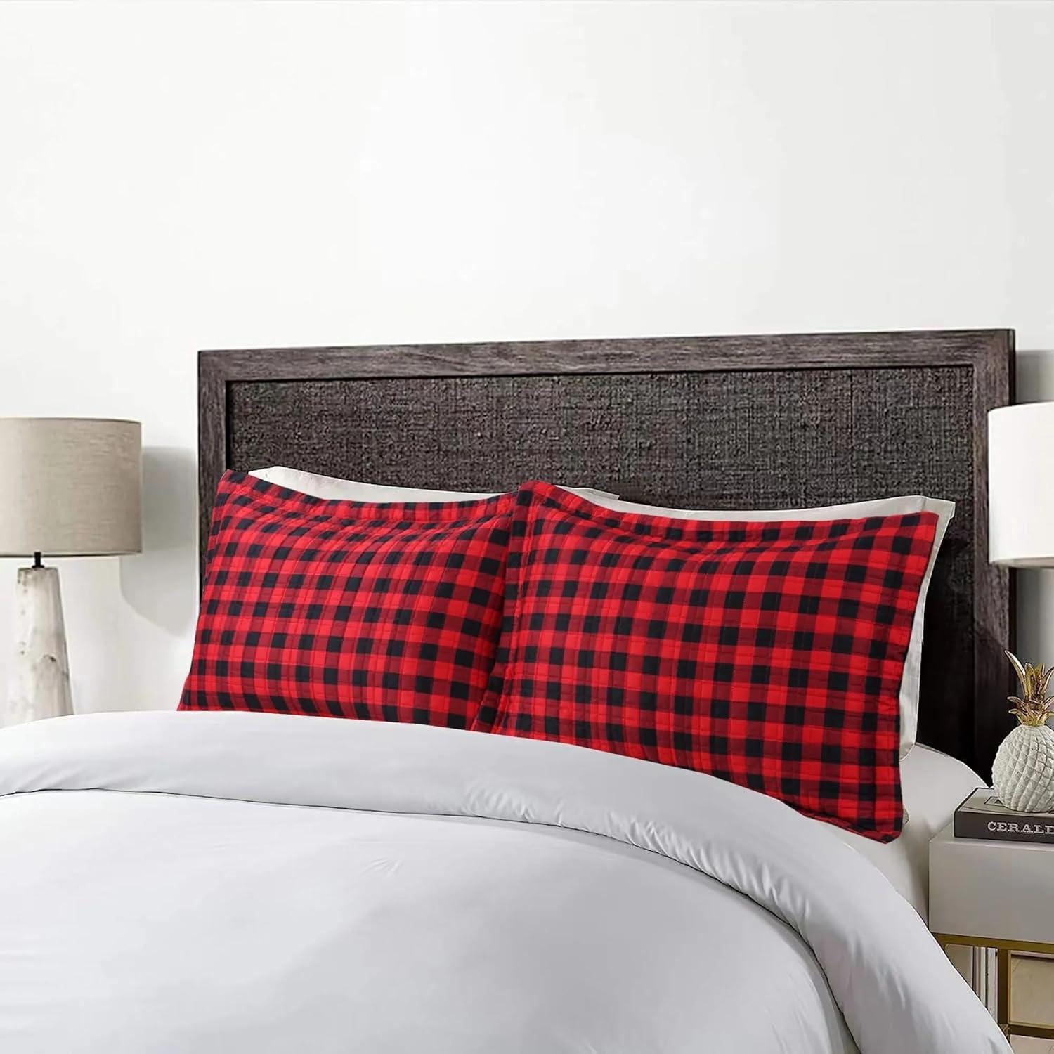 Red and Black Plaid Polyester King Pillow Sham