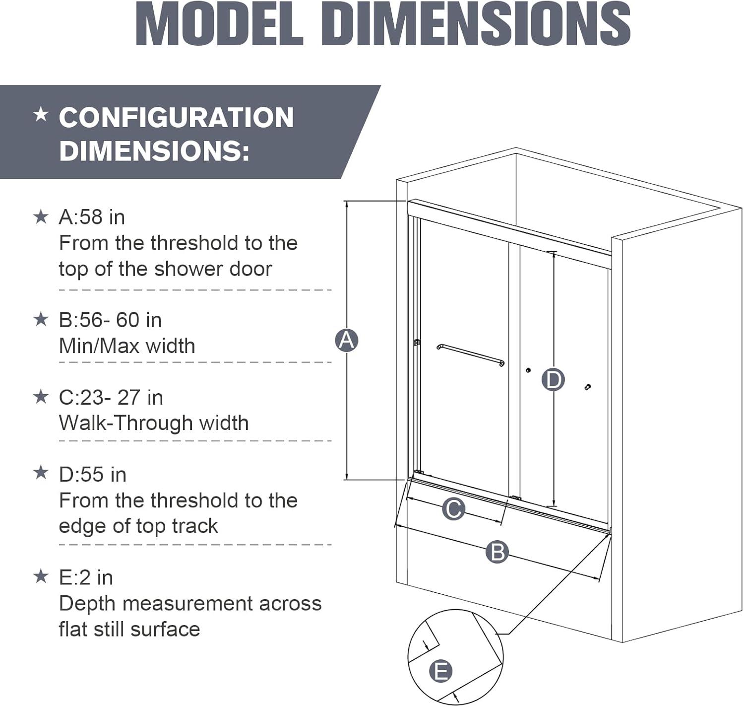 56"-60"W*58" H Semi-Frameless Double Sliding Tub Door, Bypass Bathtub Shower, 1/4" (6mm) Thick SGCC Tempered Glass Door, Chrome