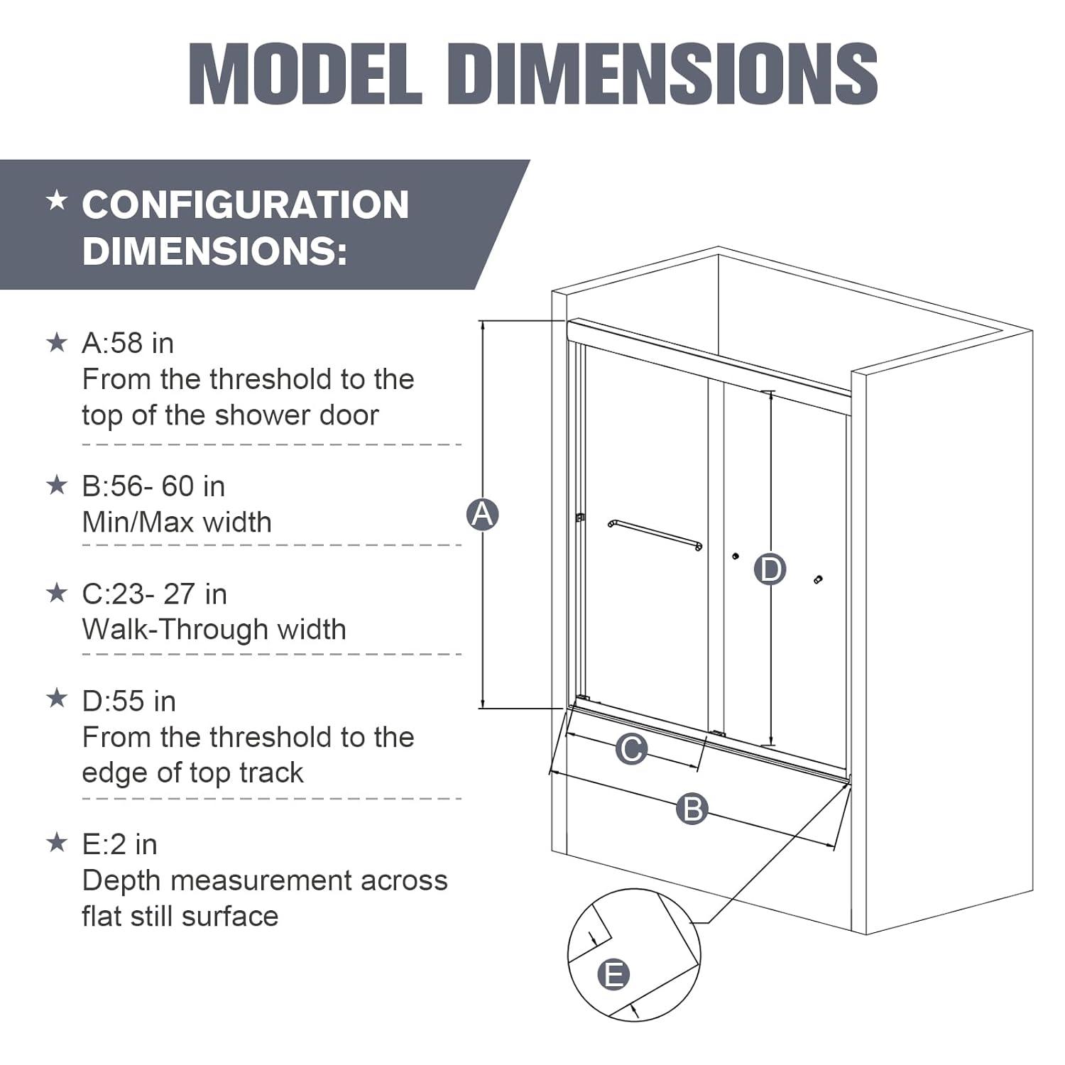 56"-60"W*58" H Semi-Frameless Double Sliding Tub Door, Bypass Bathtub Shower, 1/4" (6mm) Thick SGCC Tempered Glass Door, Chrome