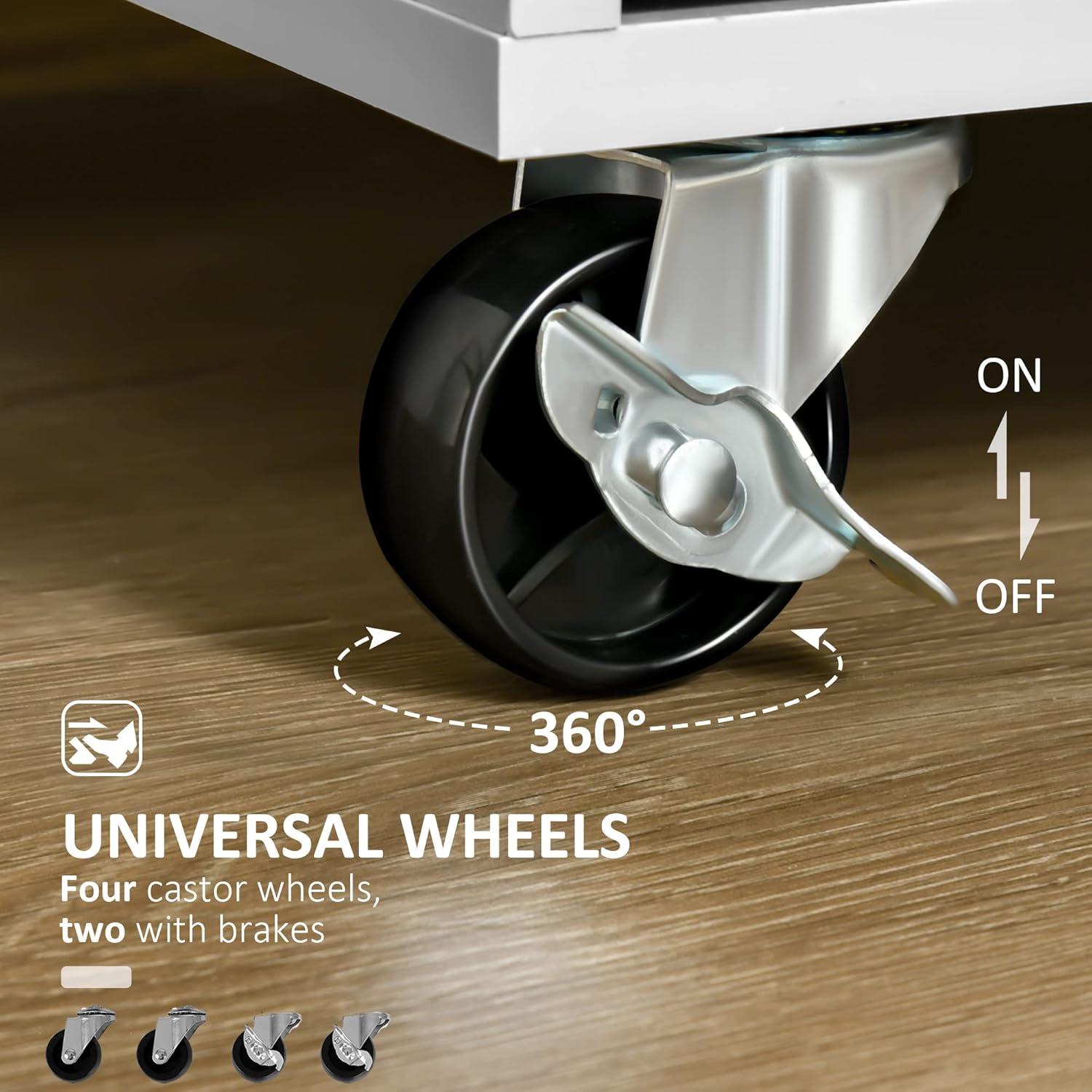 HOMCOM 41" Modern Rolling Kitchen Island on Wheels, Utility Cart Storage Trolley with Rubberwood Top & Drawers, Grey