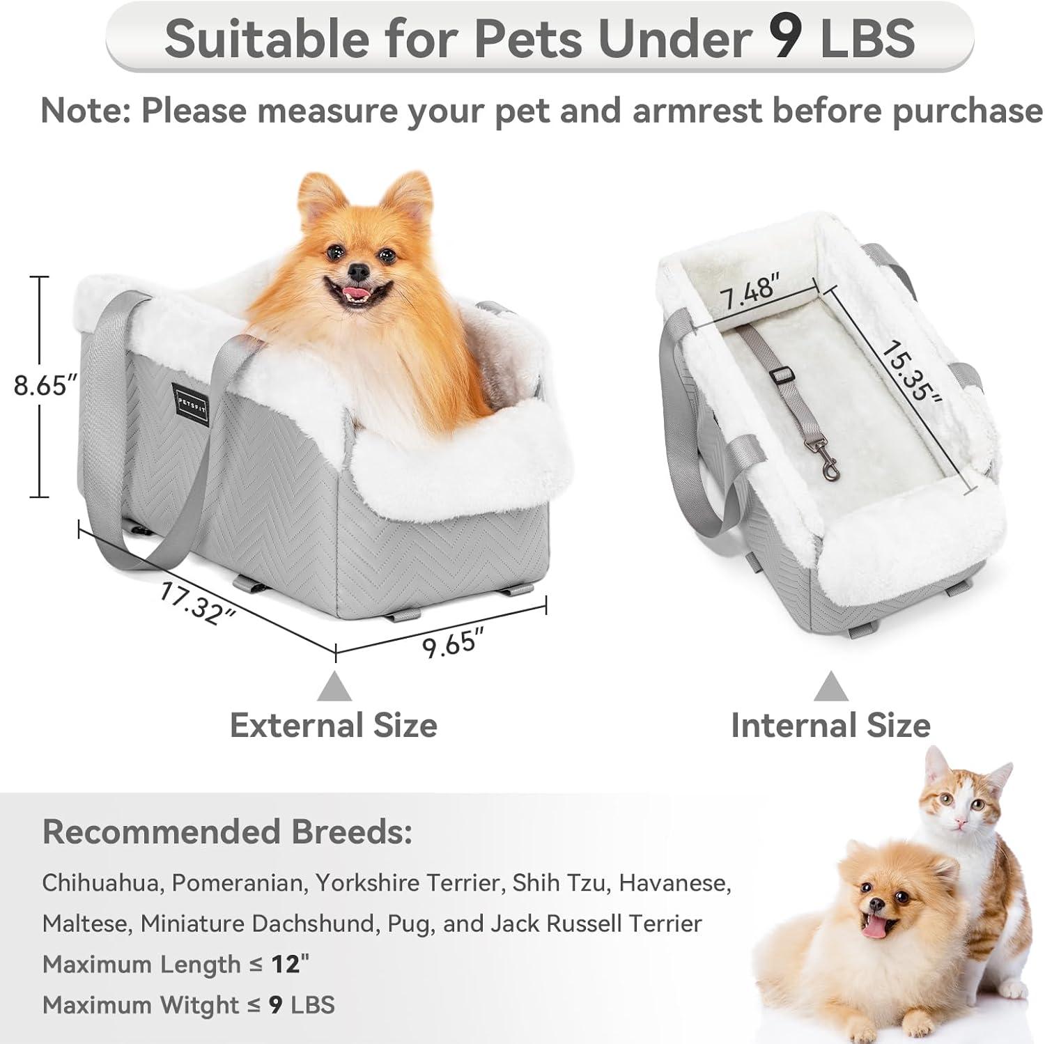 PETSFIT Small Dog Car Seat, Portable Dog Seat for Car with Safe Protective Hooks, Luxury Dog Console Car Seat,Up to 12 lbs,Grey