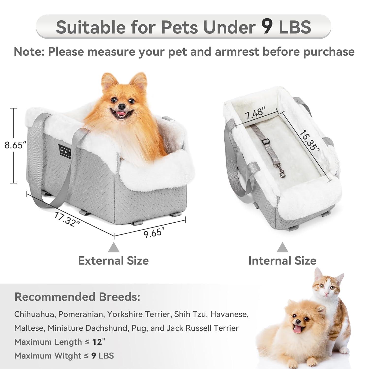 PETSFIT Small Dog Car Seat, Portable Dog Seat for Car with Safe Protective Hooks, Luxury Dog Console Car Seat,Up to 12 lbs,Grey