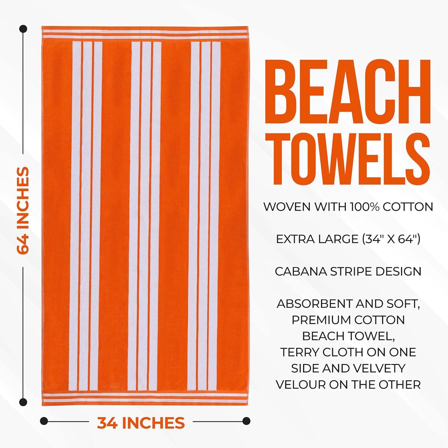 Superior Cotton Striped Oversized Beach Towel, 34" x 64", Orange
