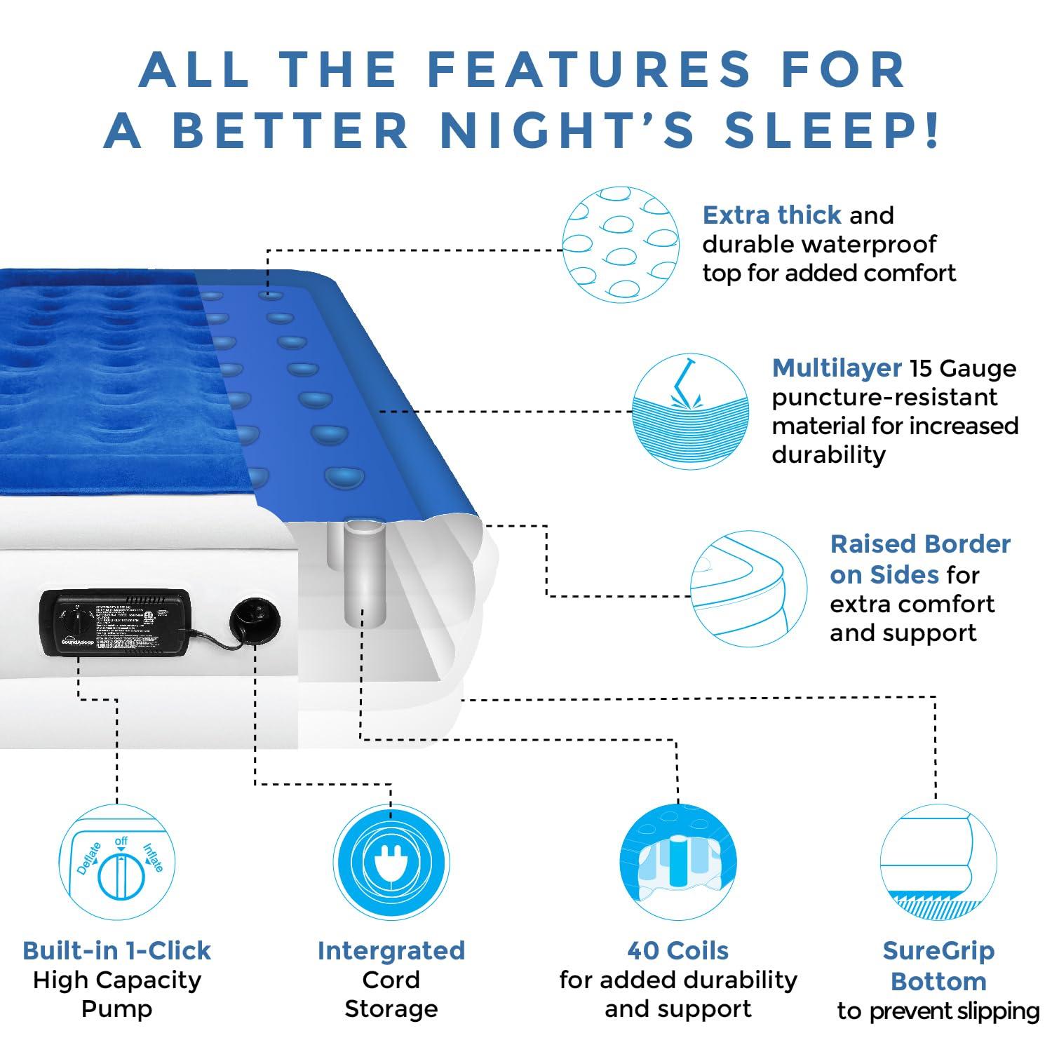 SoundAsleep Dream Series Air Mattress with ComfortCoil Technology & Internal High Capacity Pump -  Twin - Blue