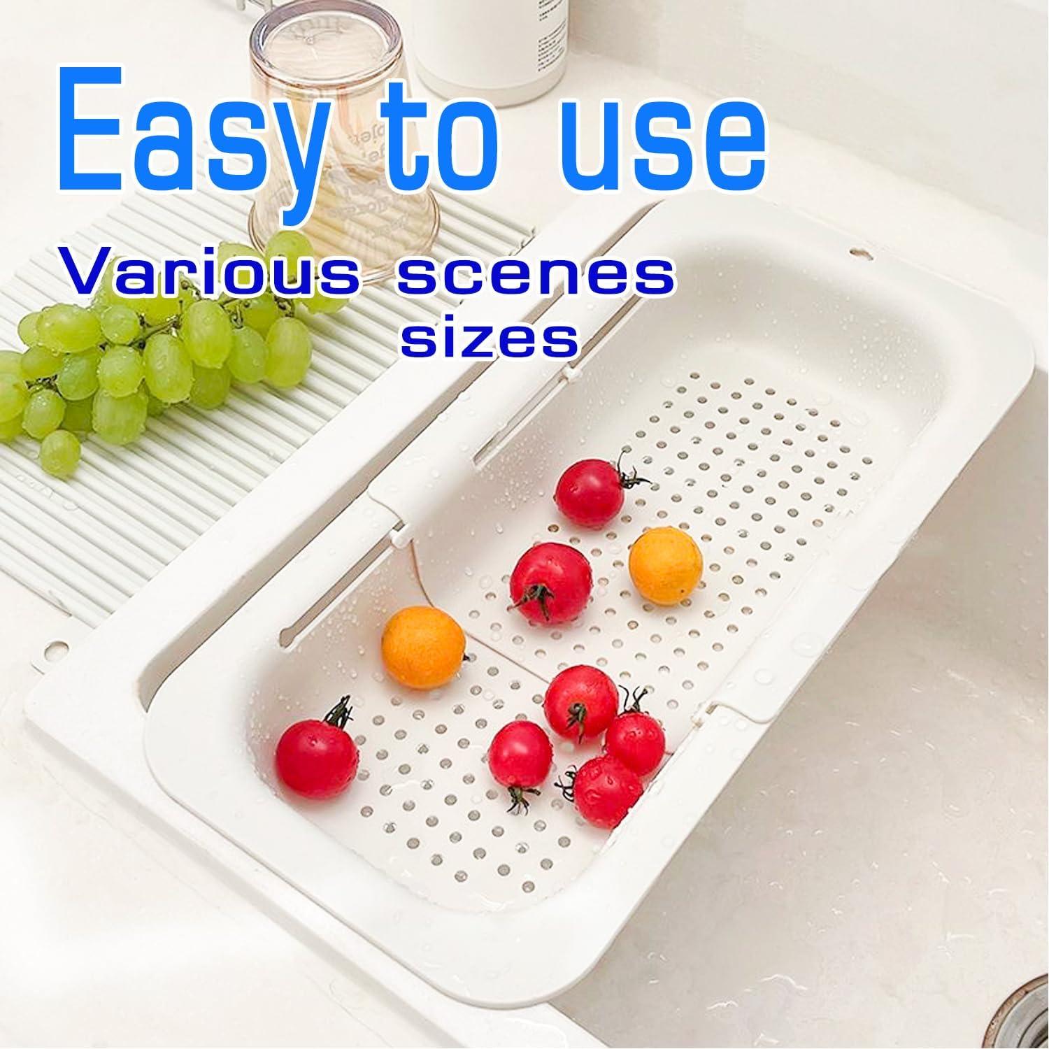 Extendable Sink Colander Strainer Basket - Wash Vegetables and Fruits, Drain Cooked Pasta and Dry Dishes - Adjustable Over the Sink Colander Collapsible Drainer Basket