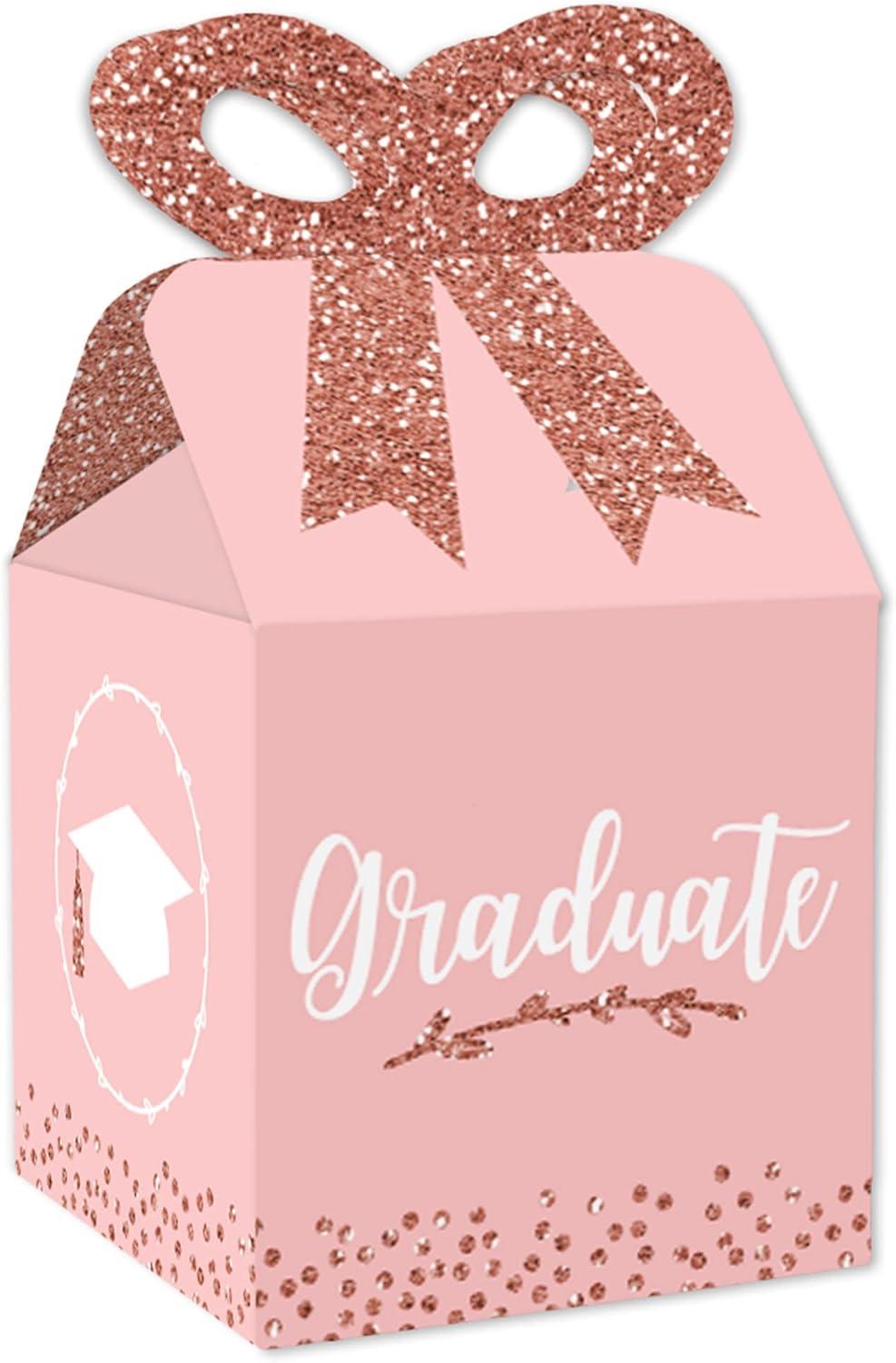 Big Dot of Happiness Rose Gold Grad - Square Favor Gift Boxes -  Graduation Party Bow Boxes - Set of 12