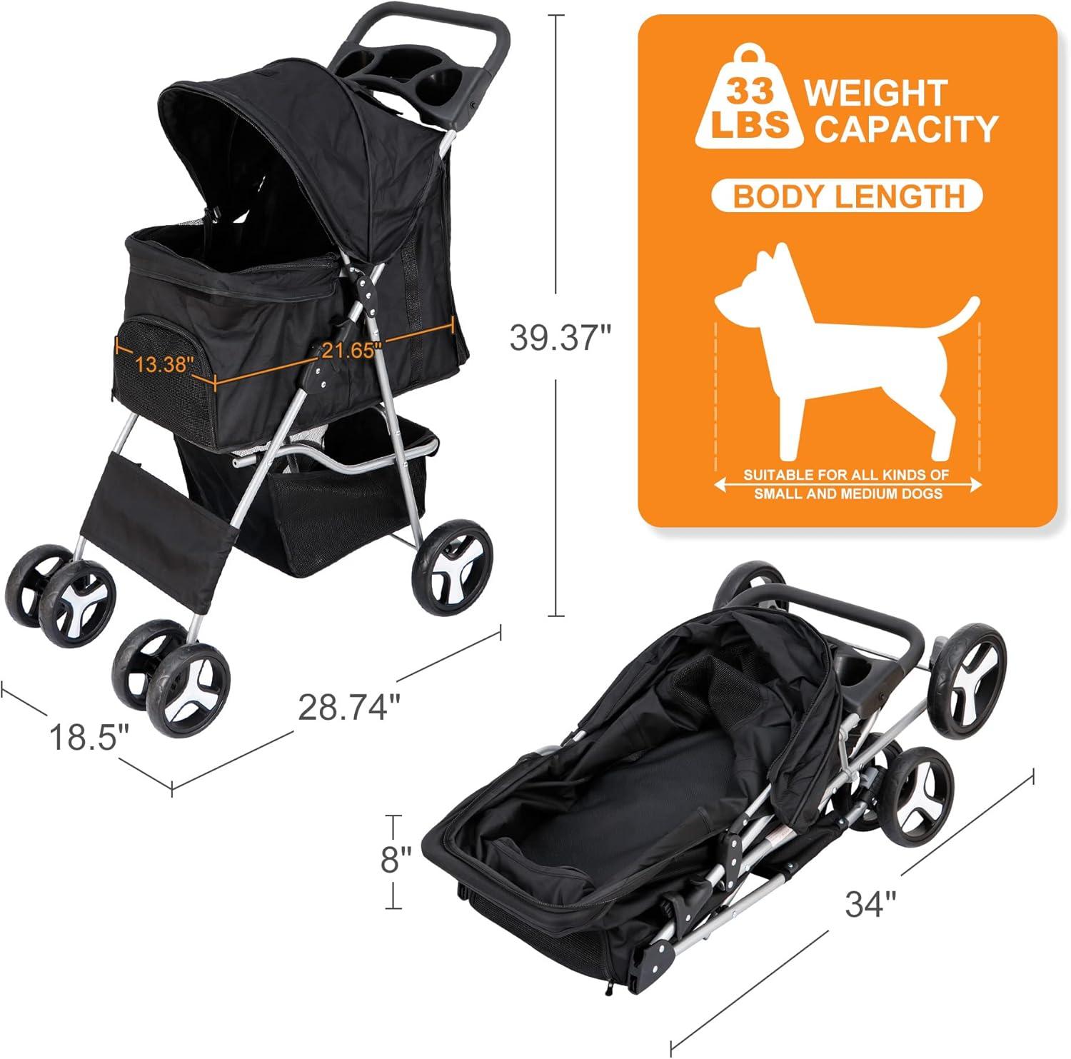 4 Wheels Pet Stroller Dog Cat Stroller for Small Medium Dog Cats Foldable Carrier Jogger Travel Puppy with Storage Basket and Cup Holder (Black)