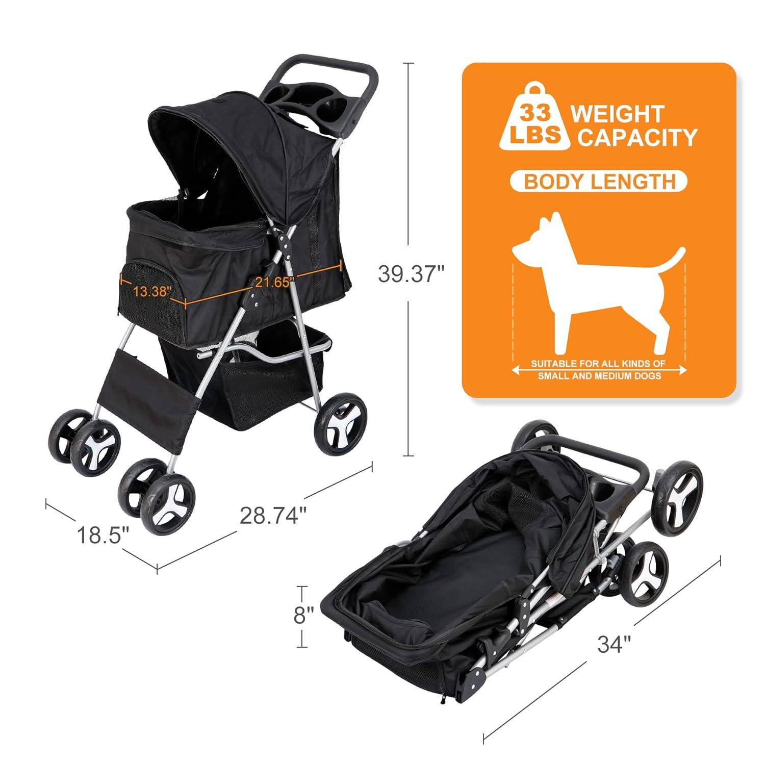 4 Wheels Pet Stroller Dog Cat Stroller for Small Medium Dog Cats Foldable Carrier Jogger Travel Puppy with Storage Basket and Cup Holder (Black)