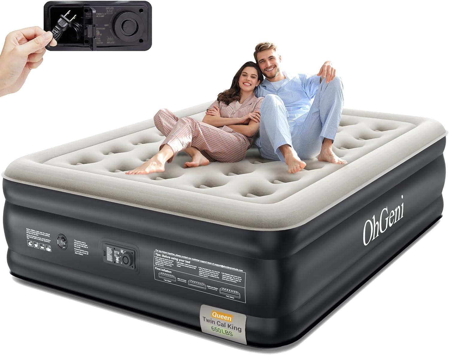 OhGeni Queen Raised Black PVC Air Mattress with Pump