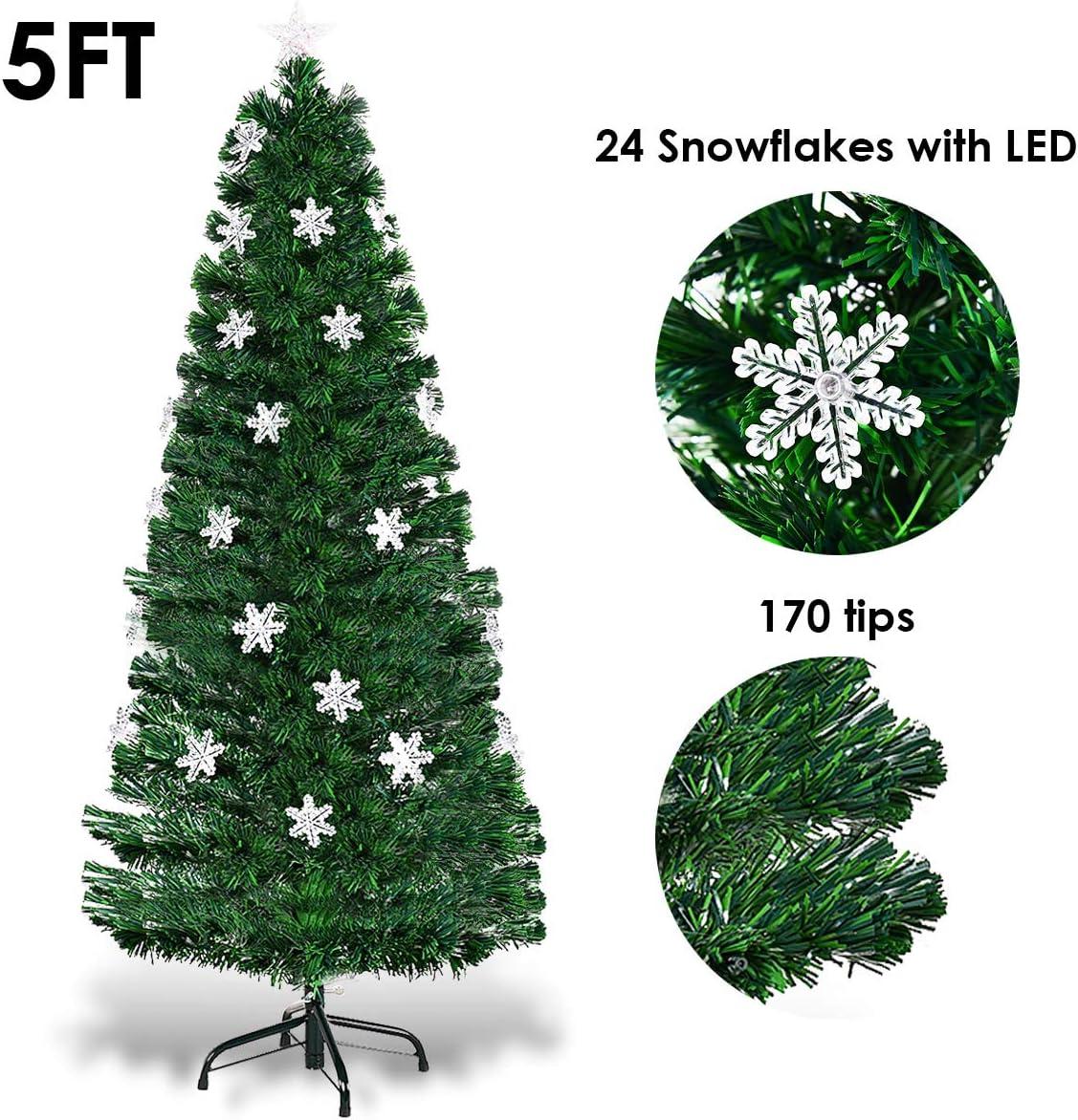 Tangkula 5'Pre-Lit Optical Fiber Artificial Christmas Tree w/ Multicolor LED Lights Snowflakes