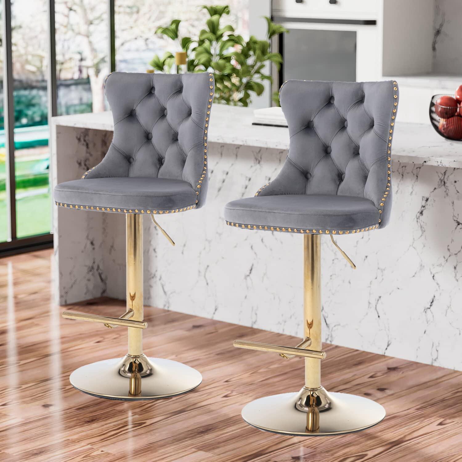 Grey Velvet Swivel Bar Stools Set of 2 with Upholstered Back, Adjustable Counter Height Barstools, Bar Chairs for Home Bar Kitchen Island Pub Restaurant (2 Pcs, Gray)