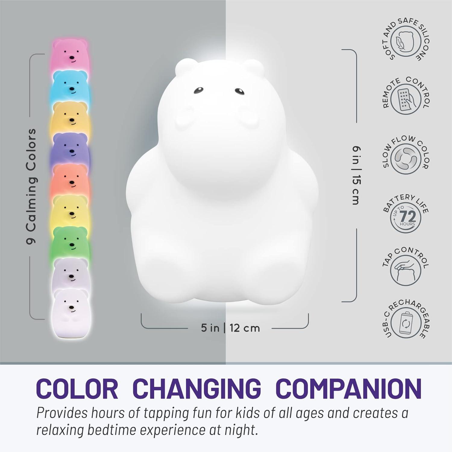 Hippo-Shaped White Silicone Nursery Nightlight with Remote