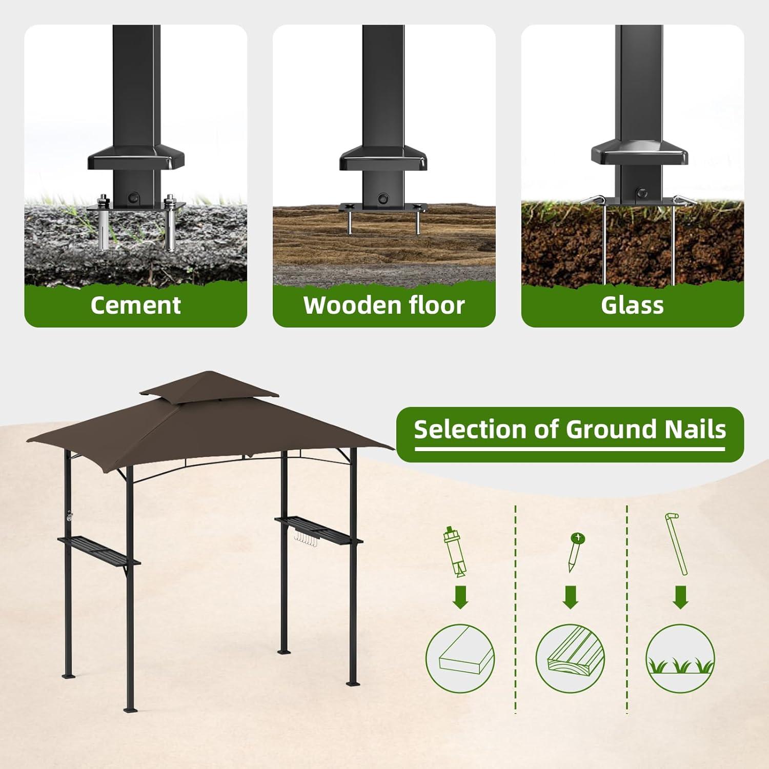Incbruce 8' X 5' Grill Gazebo Canopy, Outdoor BBQ Gazebo Canopy with Double Tiered Tent Roof Cover & Metal Frame for Patio, Garden, Backyard (Brown)