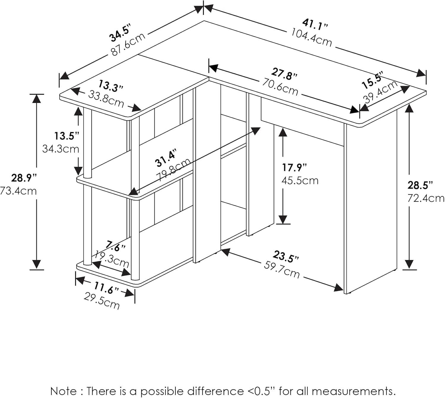 Furinno Abbott L-Shape Desk with Bookshelf, Americano, Stainless Steel Tubes