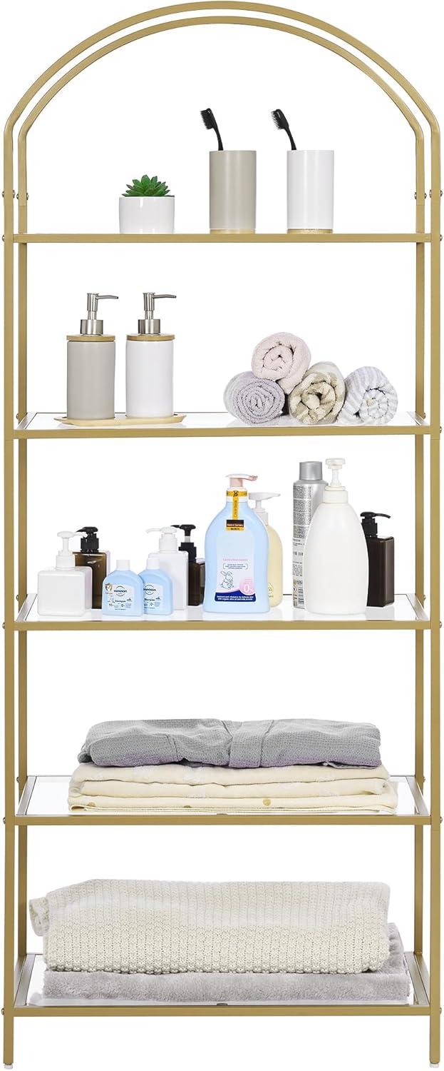 5 Tier Gold Bookshelf, Modern Storage Organizer Shelf, Metal Bookcase Stand for Office, Bedroom Kitchen Living Room
