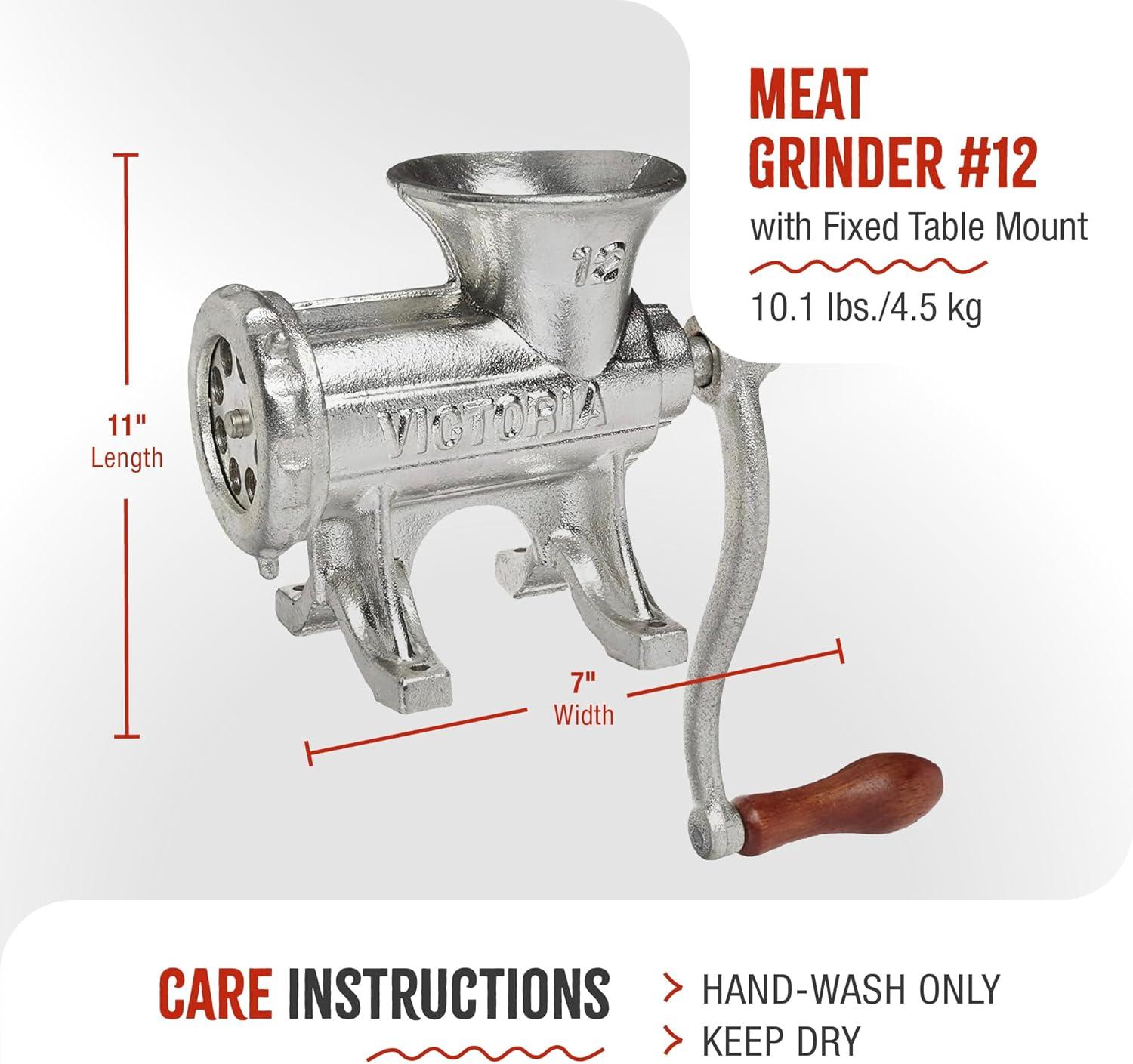 Victoria Cast Iron Meat Grinder with a Table Fixed Mount, Manual Sausage Grinder and Meat Mincer, Number 12, Made in Colombia