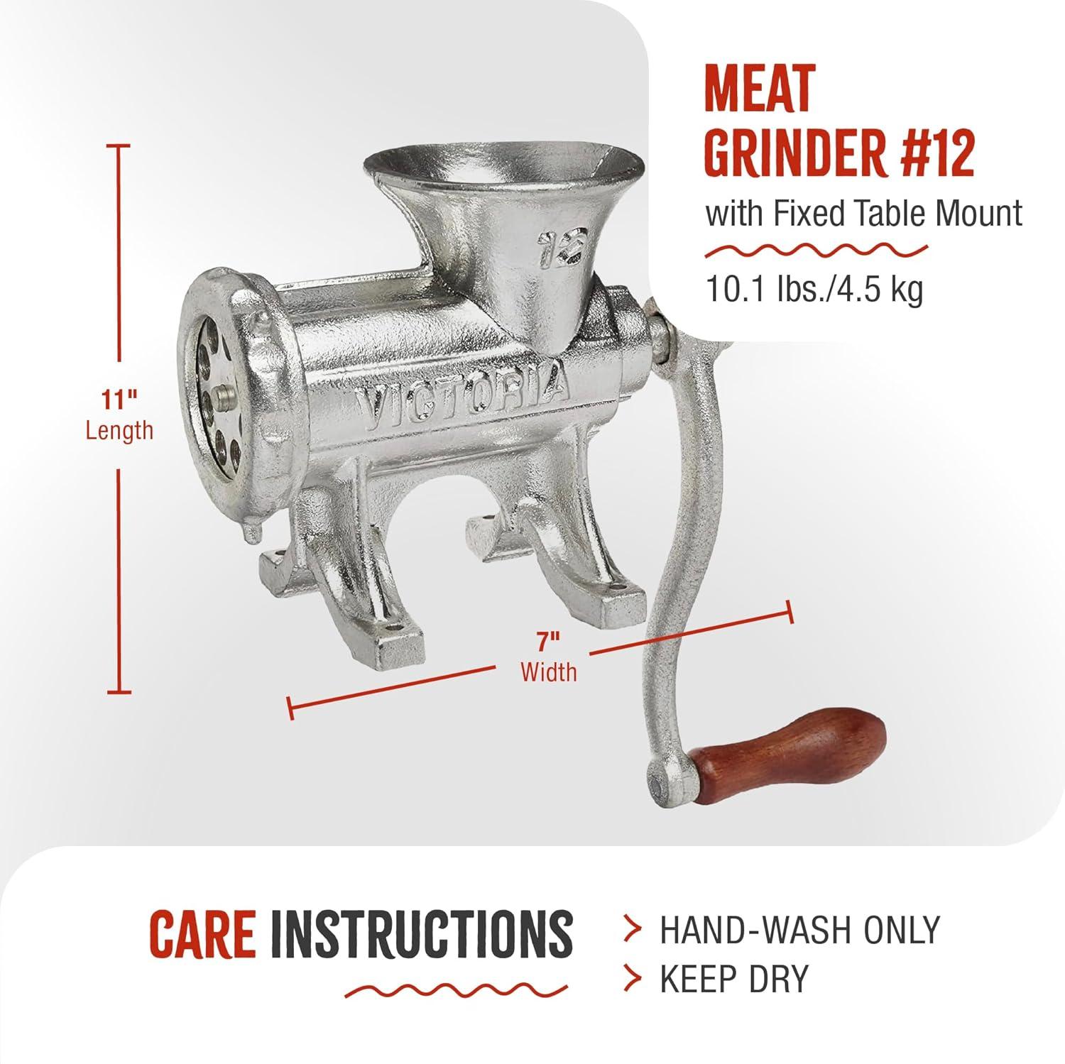 Victoria Cast Iron Meat Grinder with a Table Fixed Mount, Manual Sausage Grinder and Meat Mincer, Number 12, Made in Colombia