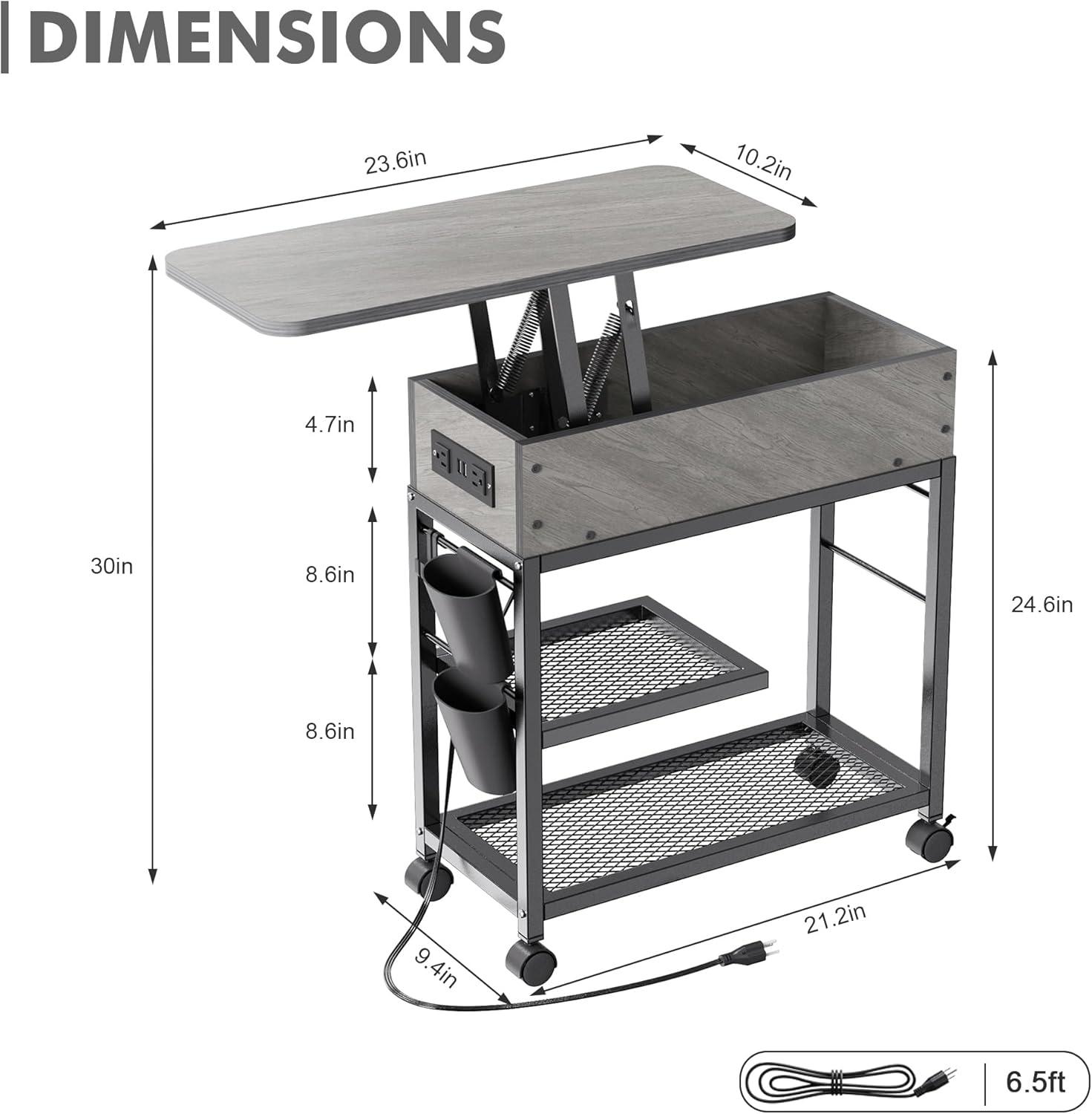 Colima Lift Top End Table with Charging Station and Wheels, Sofa Side Table with USB Port & AC Outlets, Movable Bedside Nightstand with Side Bag for Office Living Room Bedroom(Gray)