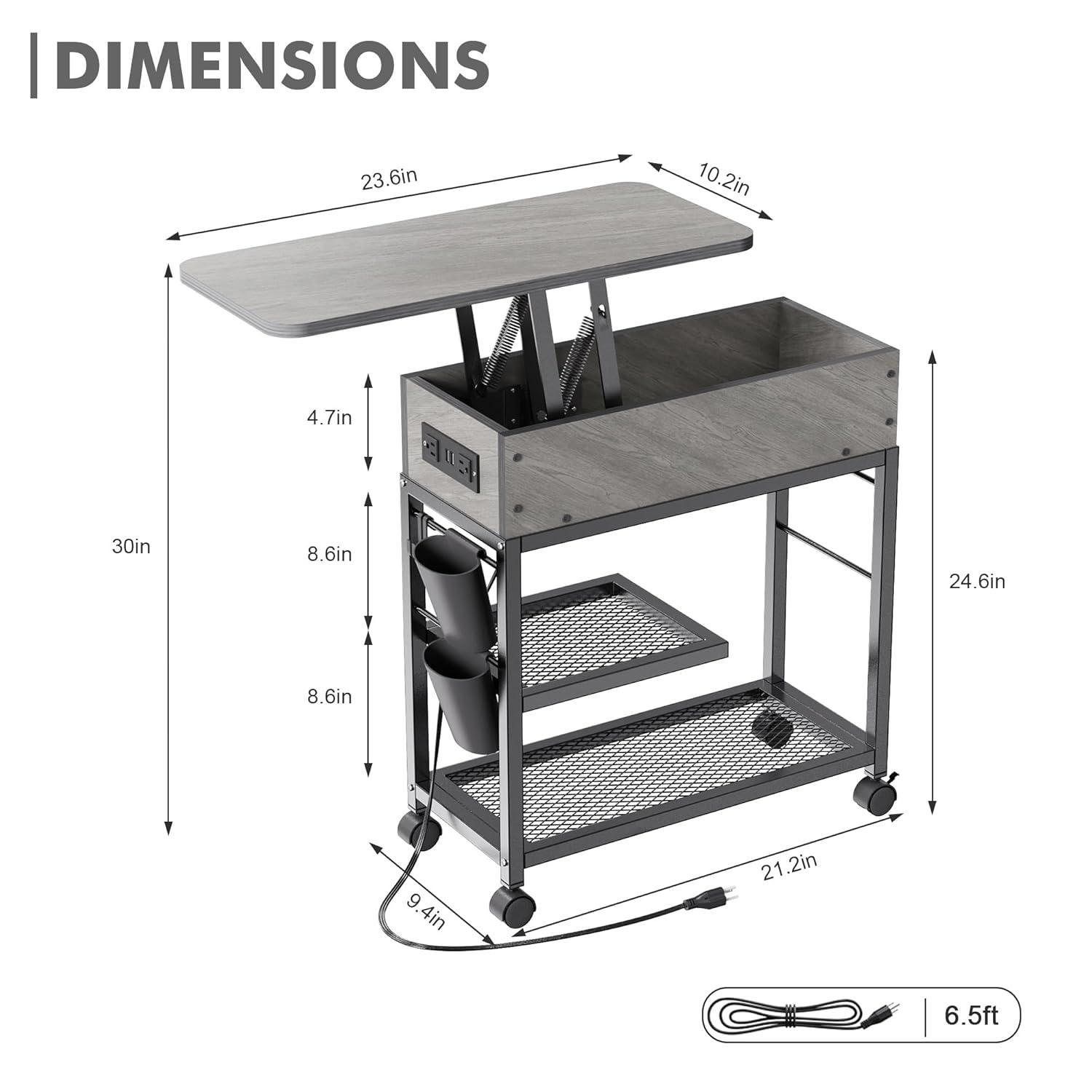 Colima Lift Top End Table with Charging Station and Wheels, Sofa Side Table with USB Port & AC Outlets, Movable Bedside Nightstand with Side Bag for Office Living Room Bedroom(Gray)