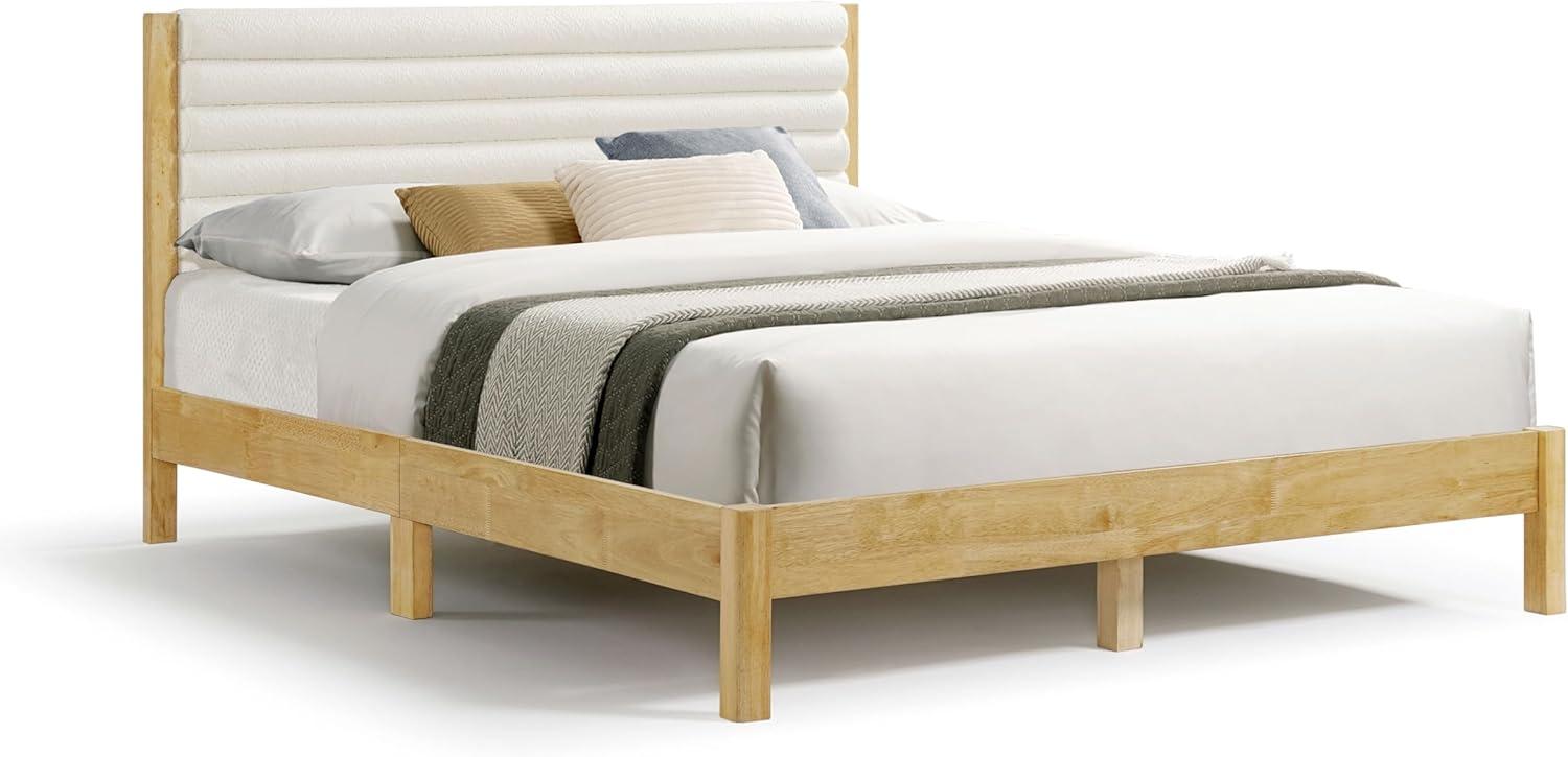 Natural Queen Platform Bed with Boucle Upholstered Headboard