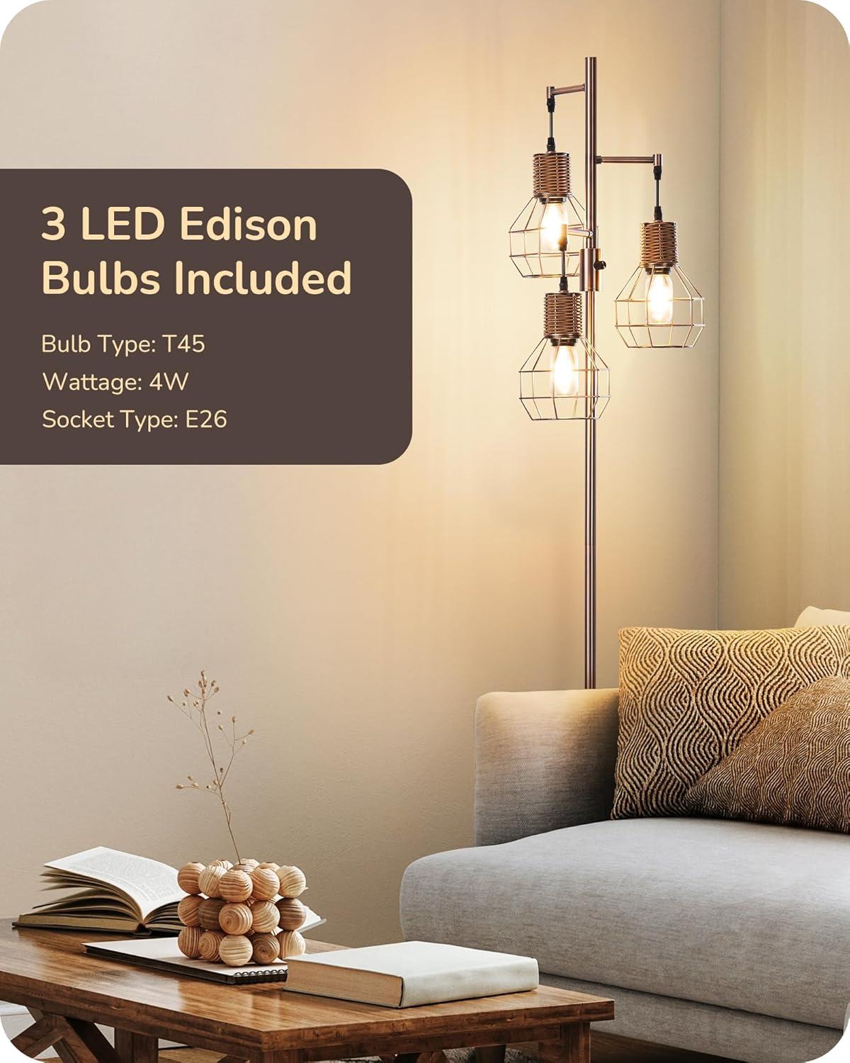 EDISHINE Dimmable Rustic Floor Lamp, Farmhouse Standing Lamp with 3 LED Edison Bulbs, Rattan Design Floor Lamps for Living Room, Bedroom, Reading Corner, Office, Electroplated Brushed Red Copper