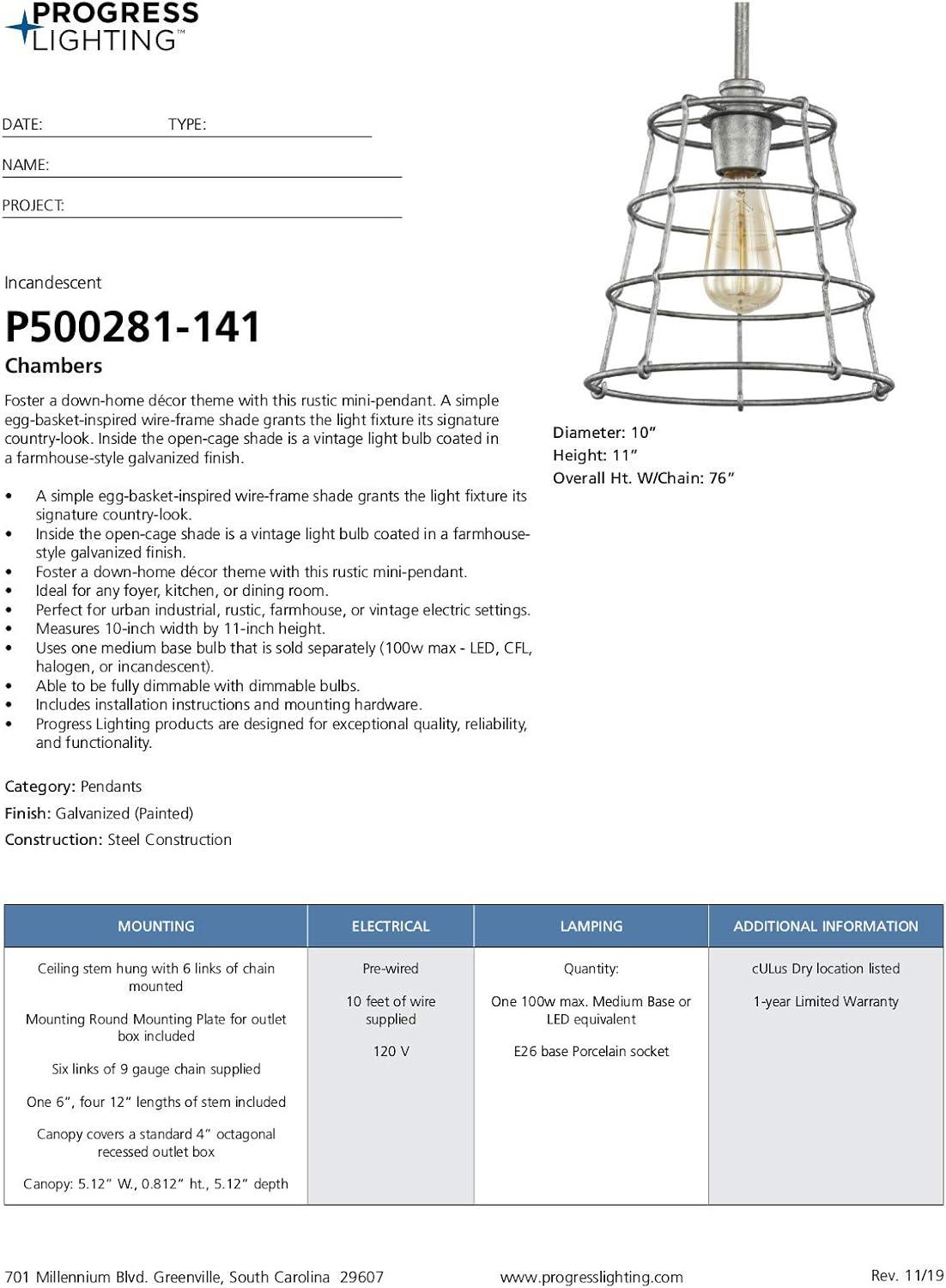 Progress Lighting, Chambers Collection, 1-Light Mini Pendant, Galvanized, Wire-Frame Shade