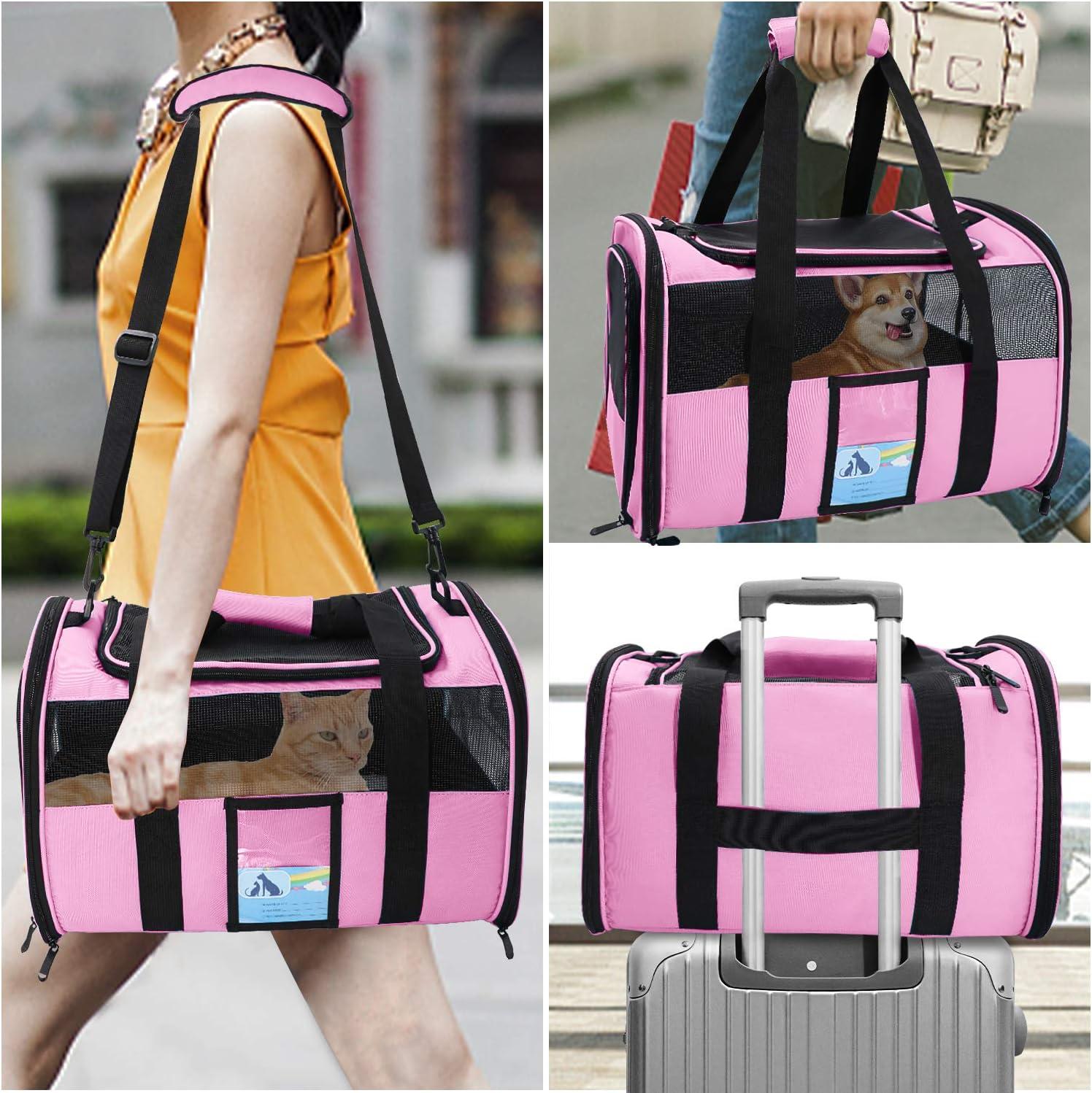 Cat Carrier Pet Carriers Airline Approved for Small Dogs Kitten Carriers for Small Medium Cats Under 15lb, Collapsible Soft Sided TSA Approved Travel Carrier, Pink