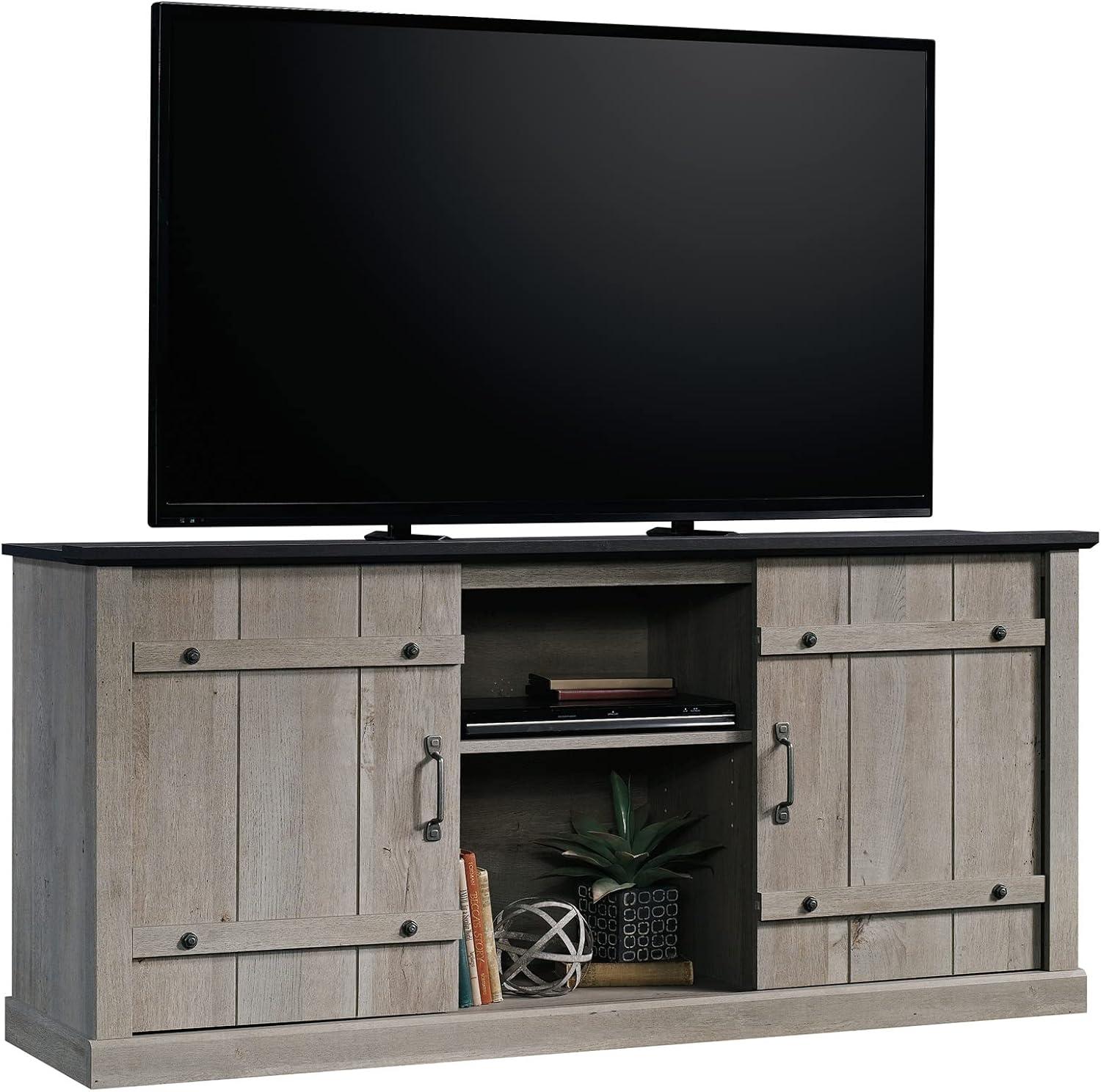 Mystic Oak and Raven Black 70" Farmhouse TV Stand with Barn Doors