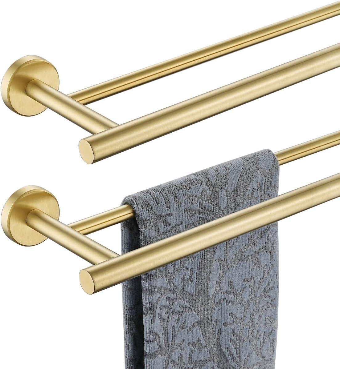 JQK Double Towel Bar 27 Inch, Brass Gold Useable Length 24 Inch 304 Stainless Steel Thicken 0.8mm Bath Towel Rack for Bathroom, Towel Holder Wall Mount, TB100L24-BG